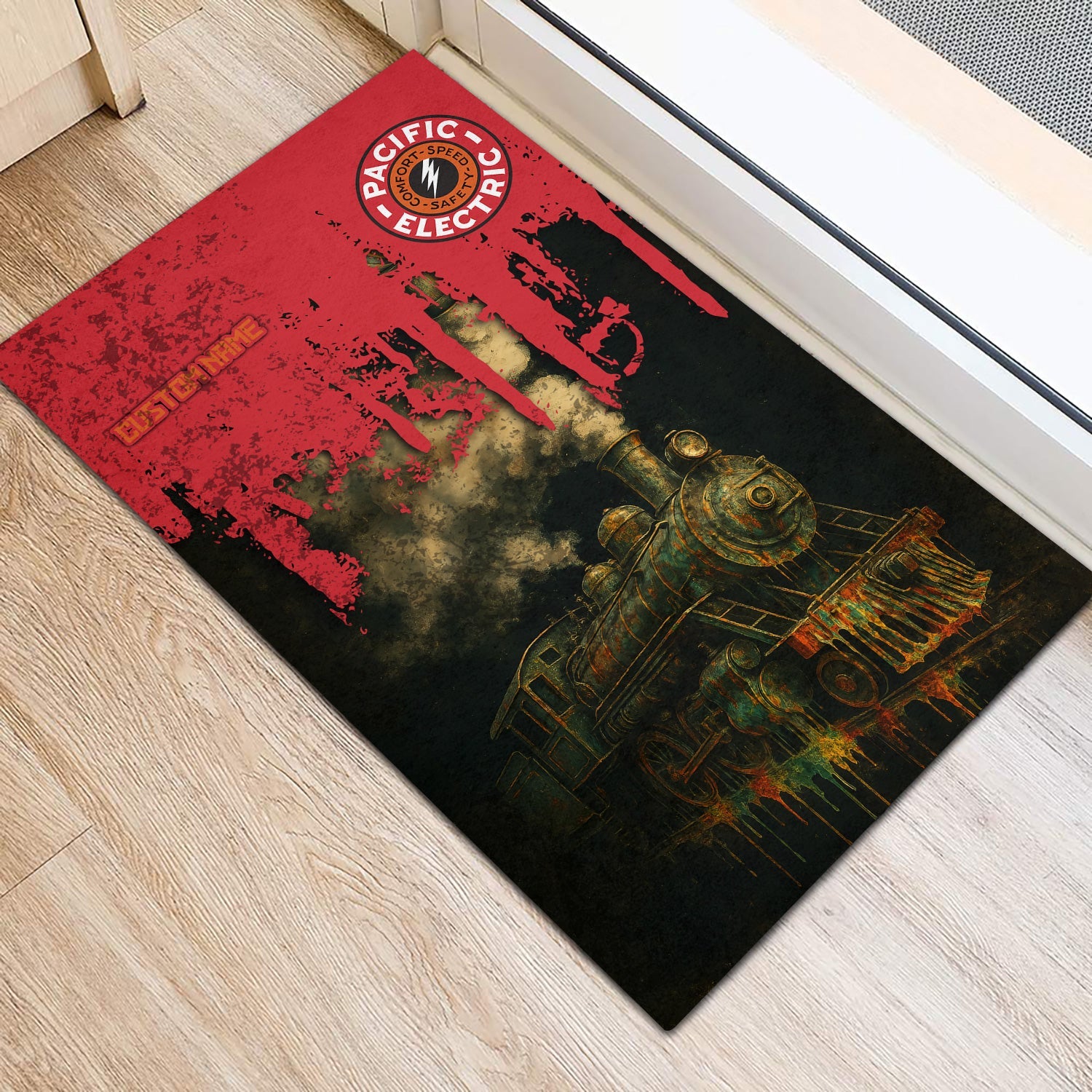 Railspirit Personalized Pacific Electric Railroad Doormat Vintage Train Art Style Mat For Locomotive Fans