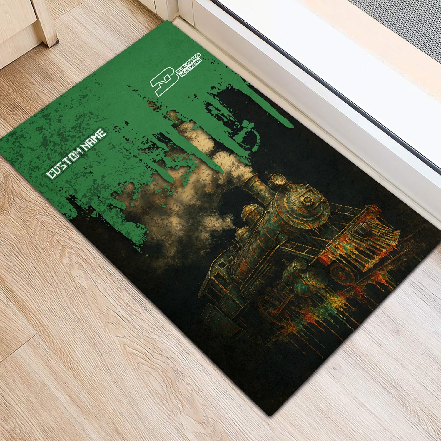 Railspirit Personalized Burlington Northern Railroad Doormat Vintage Train Art Style Mat For Locomotive Fans