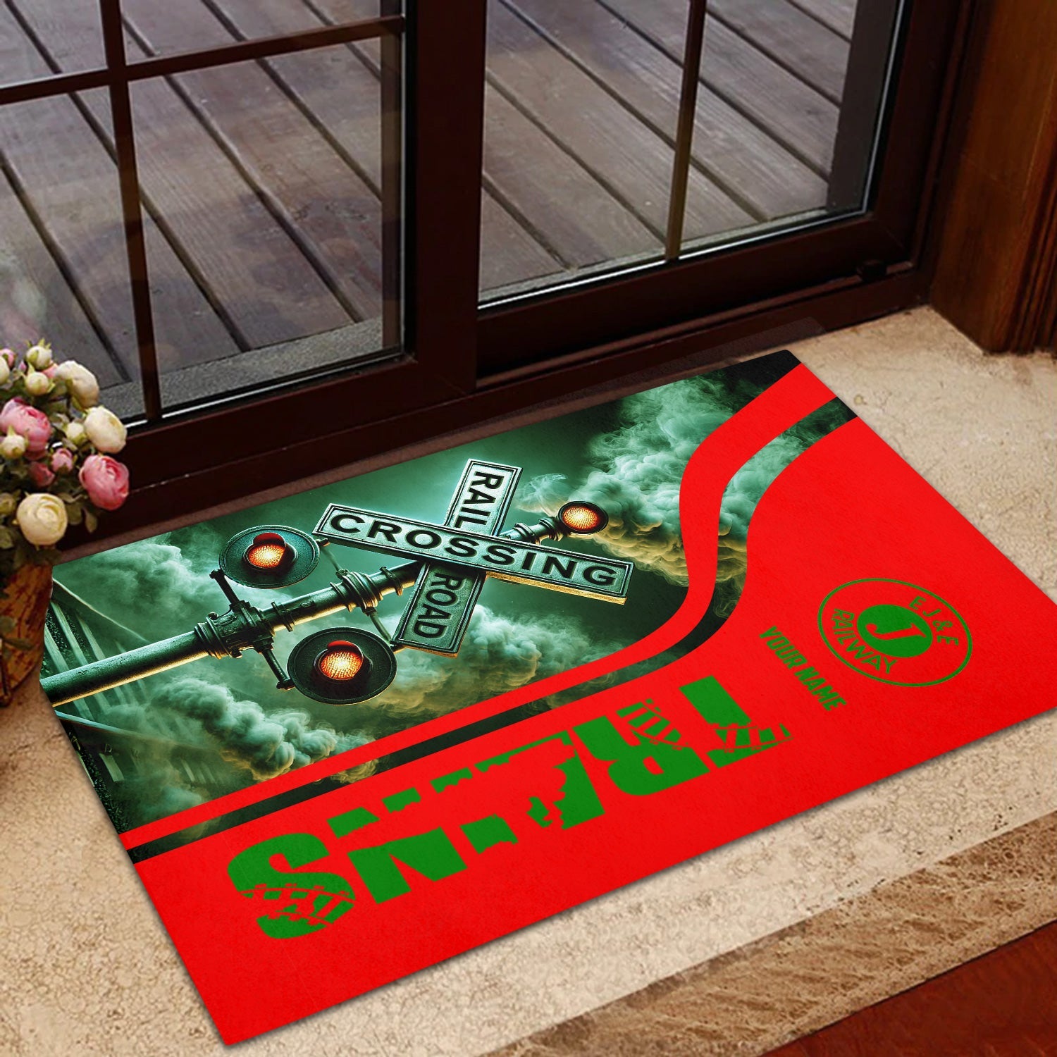Railspirit Personalized Elgin Joliet And Eastern Railroad Doormat Railroad Crossing Sign Mat All Over Print