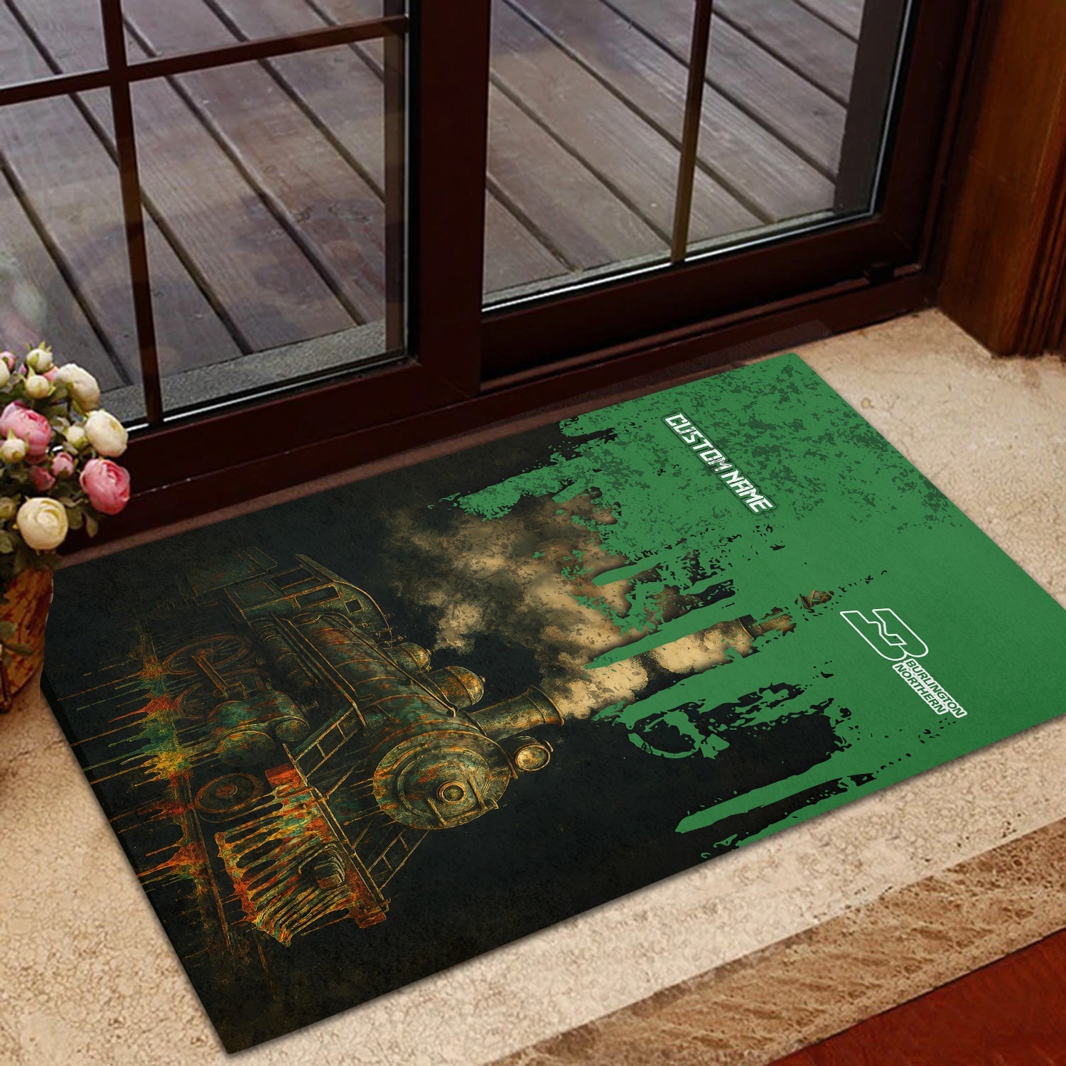 Railspirit Personalized Burlington Northern Railroad Doormat Vintage Train Art Style Mat For Locomotive Fans