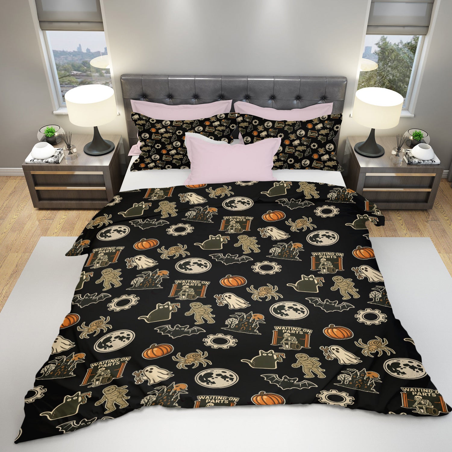 Funny Halloween Mechanic Bedding Set , Spooky Pumpkin Ghost Mummy Spider Bat Moon Costume Funny Scary Bedding Set for Mechanic