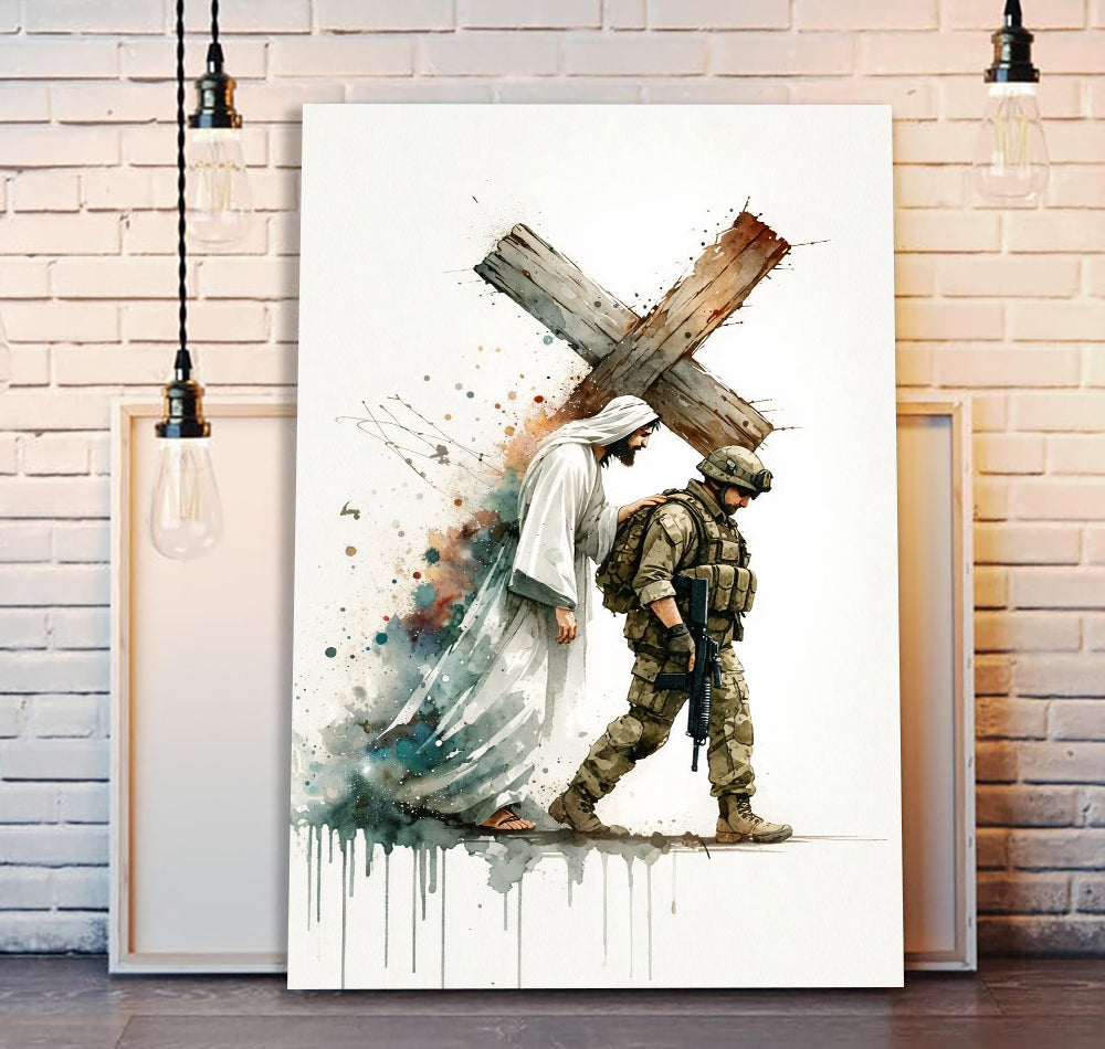 Jesus and Soldier Wall Art, Faith and Protection Artwork, Christian Military Poster, Inspirational Home Decor, Gift for Veteran