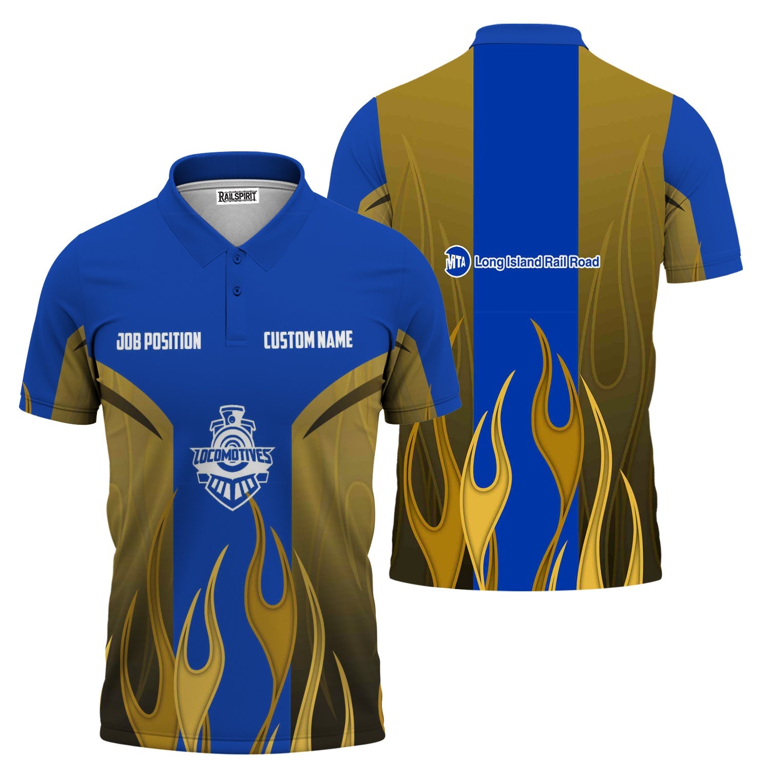 Railspirit Custom Name and Job Title Long Island Railroad Polo Shirt Flame Graphic Train Shirt
