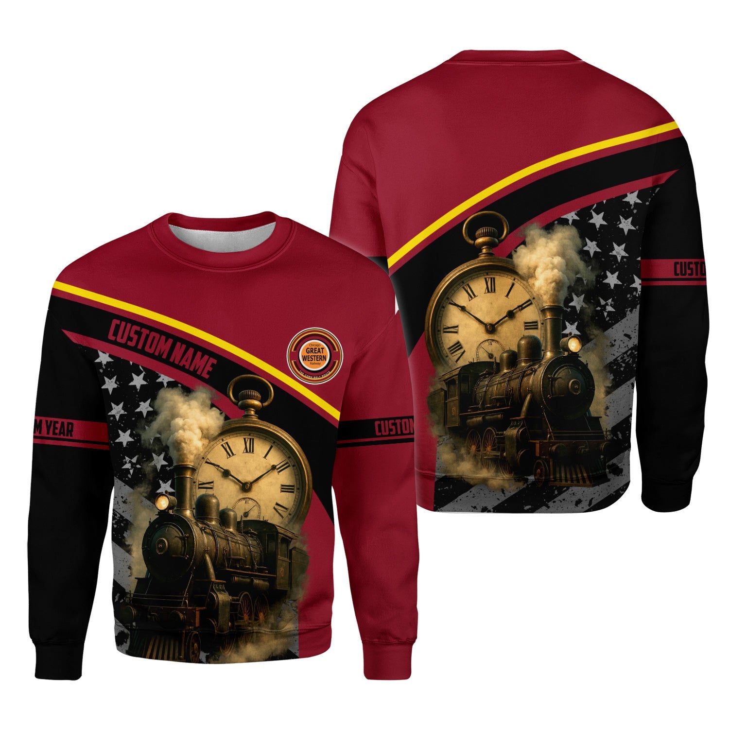 Railspirit Personalized Chicago Great Western Railroad Sweatshirt Classic Steam Engine With Retro Pocket Watch Shirt All Over Print