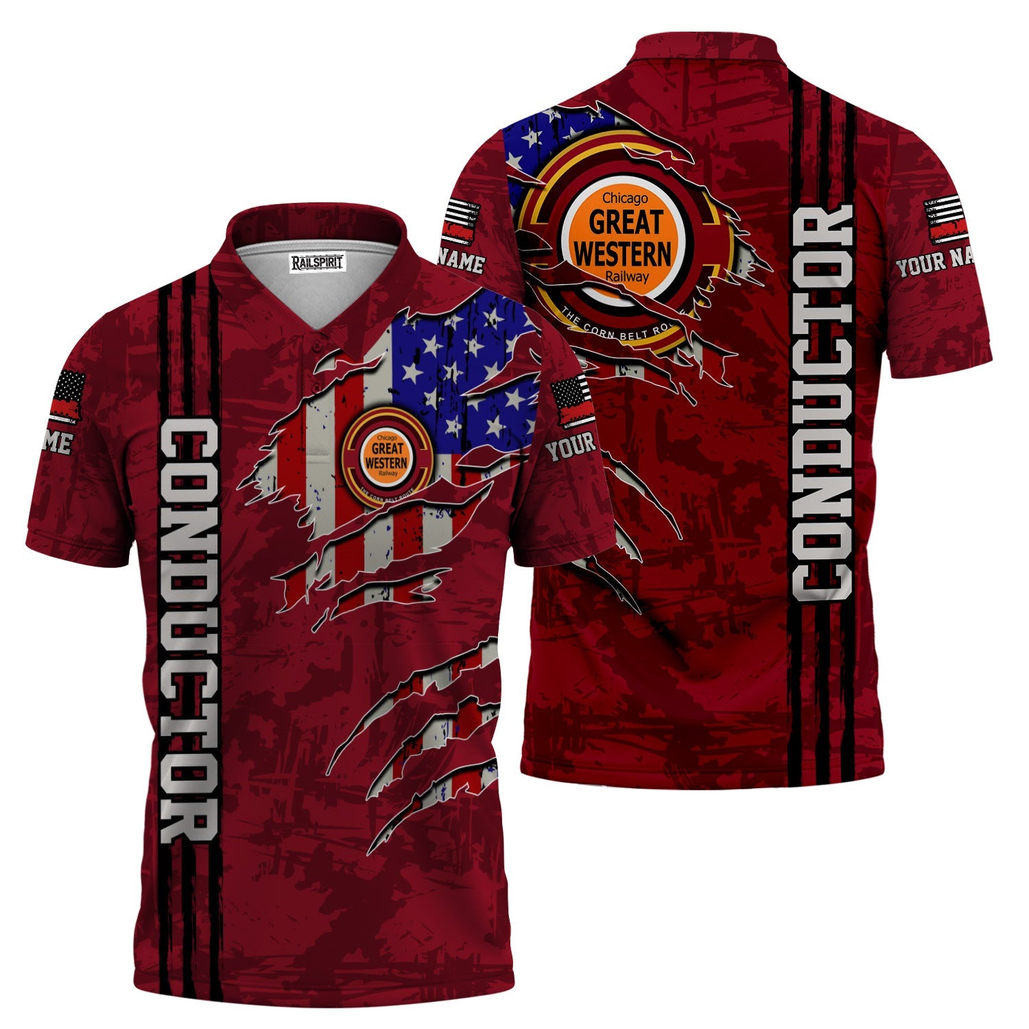 Railspirit Personalized Chicago Great Western Railroad Polo Shirt USA Flag Claw Art with Custom Job Train Shirt
