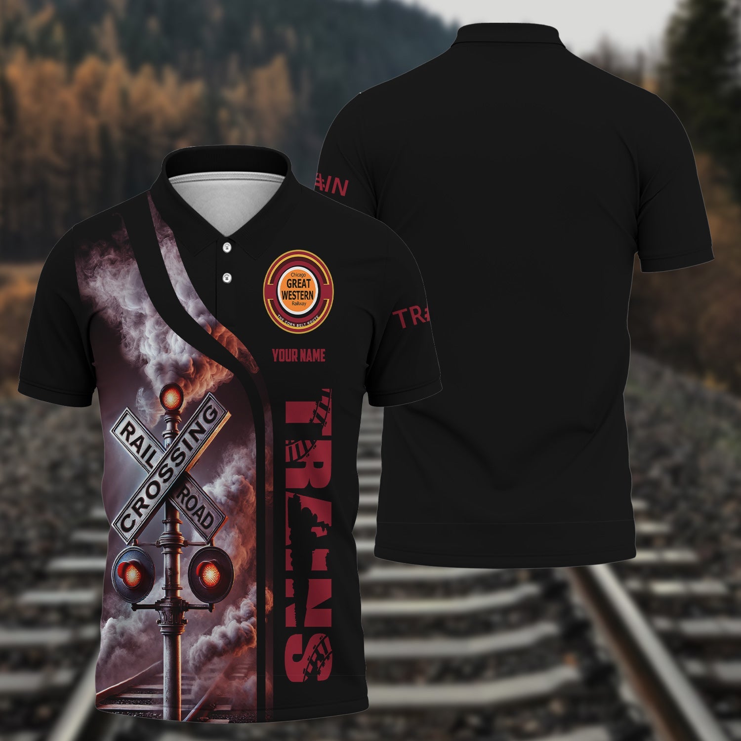 Railspirit Personalized Chicago Great Western Railroad Polo Shirt Crossing Railroad Sign American Locomotive Train Shirt All Over Print