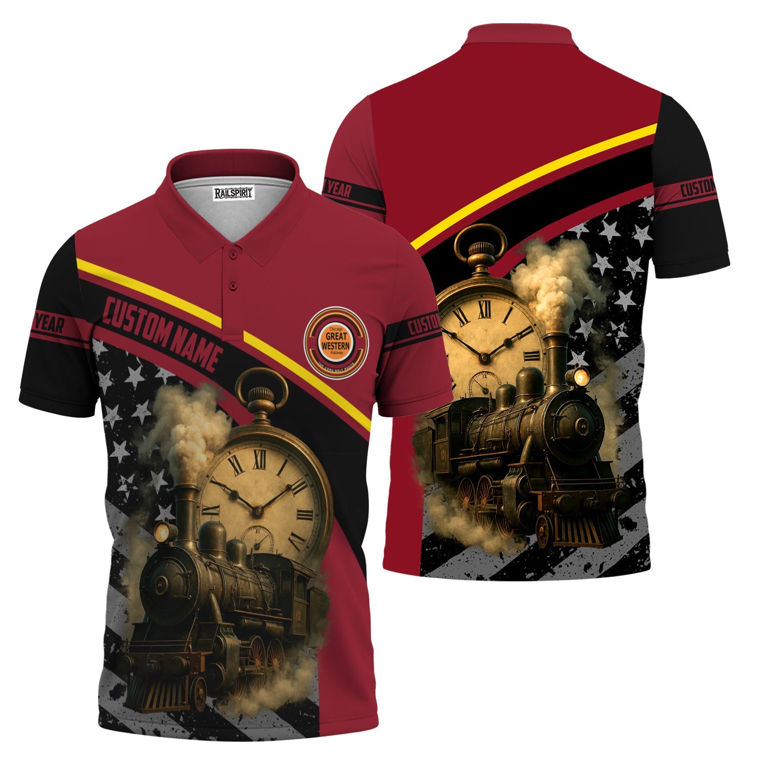 Railspirit Personalized Chicago Great Western Railroad Polo Shirt Classic Steam Engine With Retro Pocket Watch Shirt All Over Print