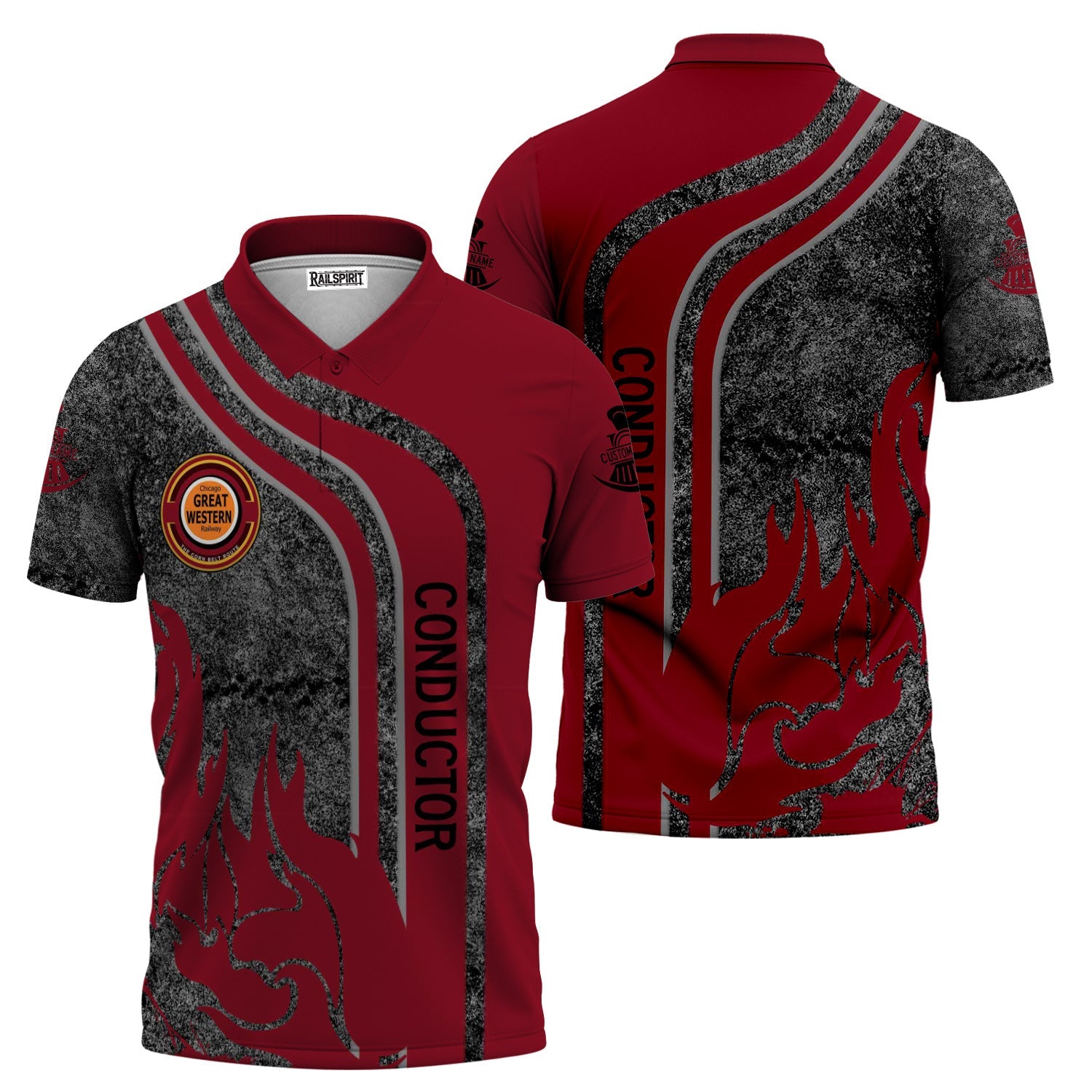 Railspirit Personalized Chicago Great Western Railroad Polo Shirt Flame Design with Custom Job Position Train Shirt