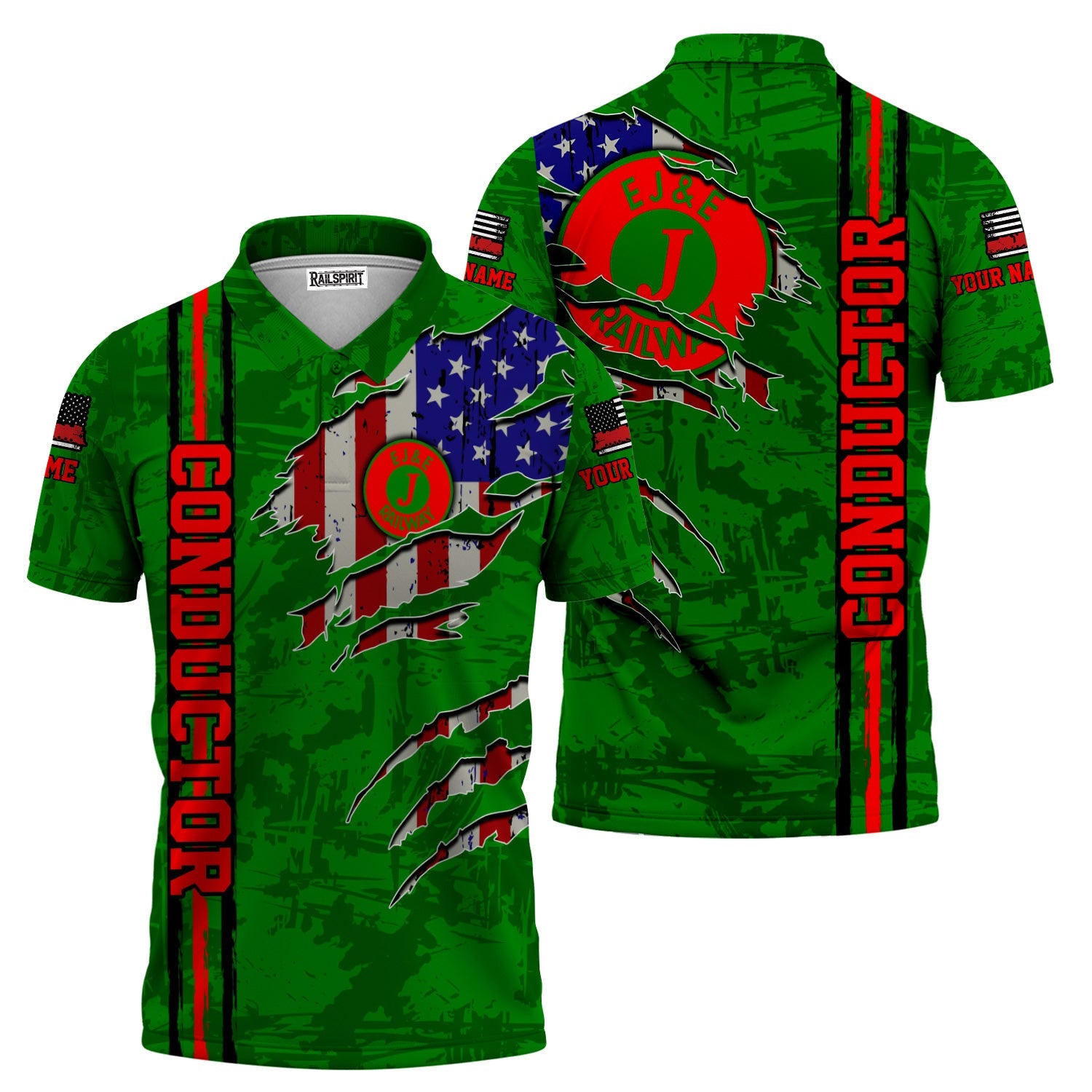 Railspirit Personalized Elgin Joliet And Eastern Railroad Polo Shirt USA Flag Claw Art with Custom Job Train Shirt