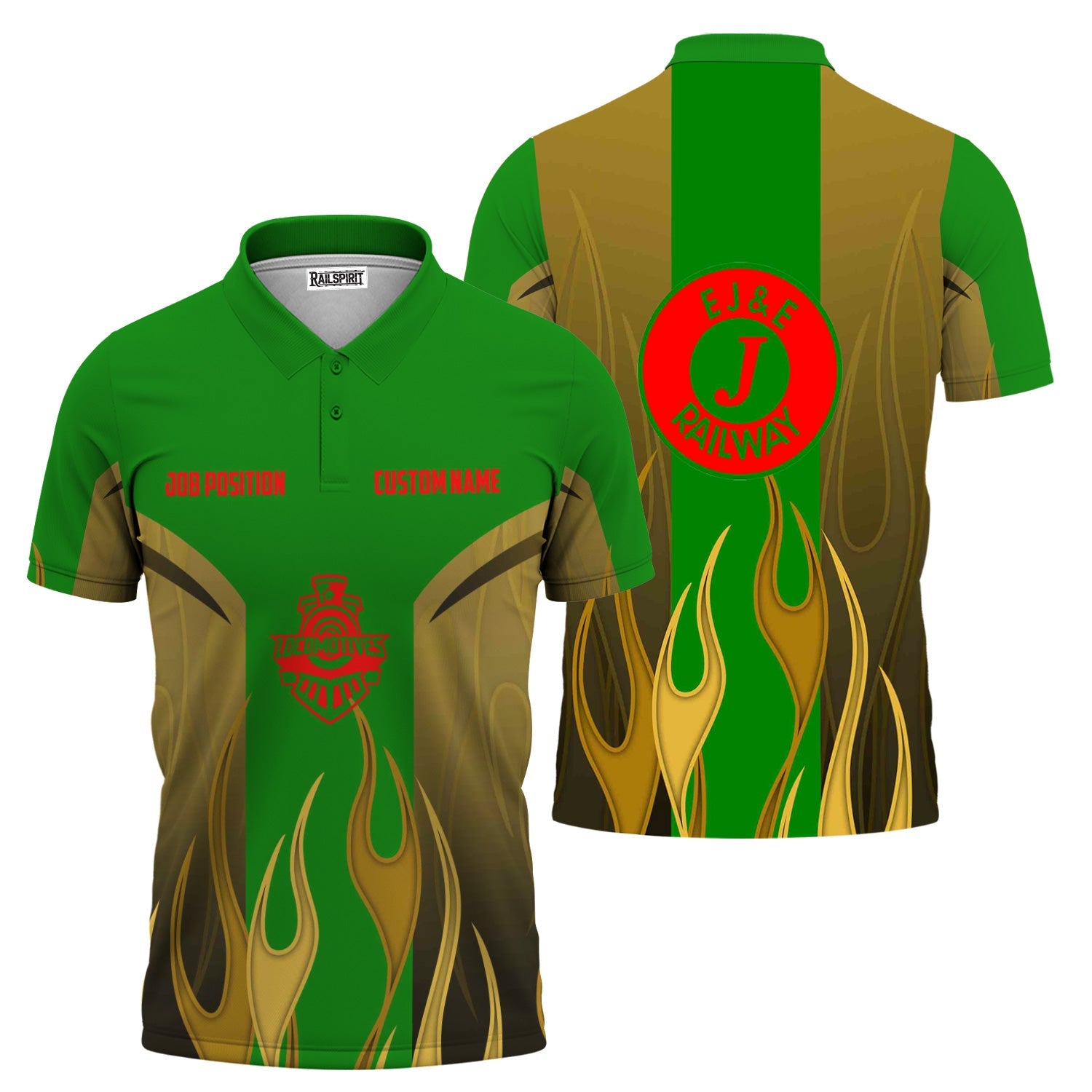 Railspirit Custom Name and Job Title Elgin Joliet And Eastern Railroad Polo Shirt Flame Graphic Train Shirt