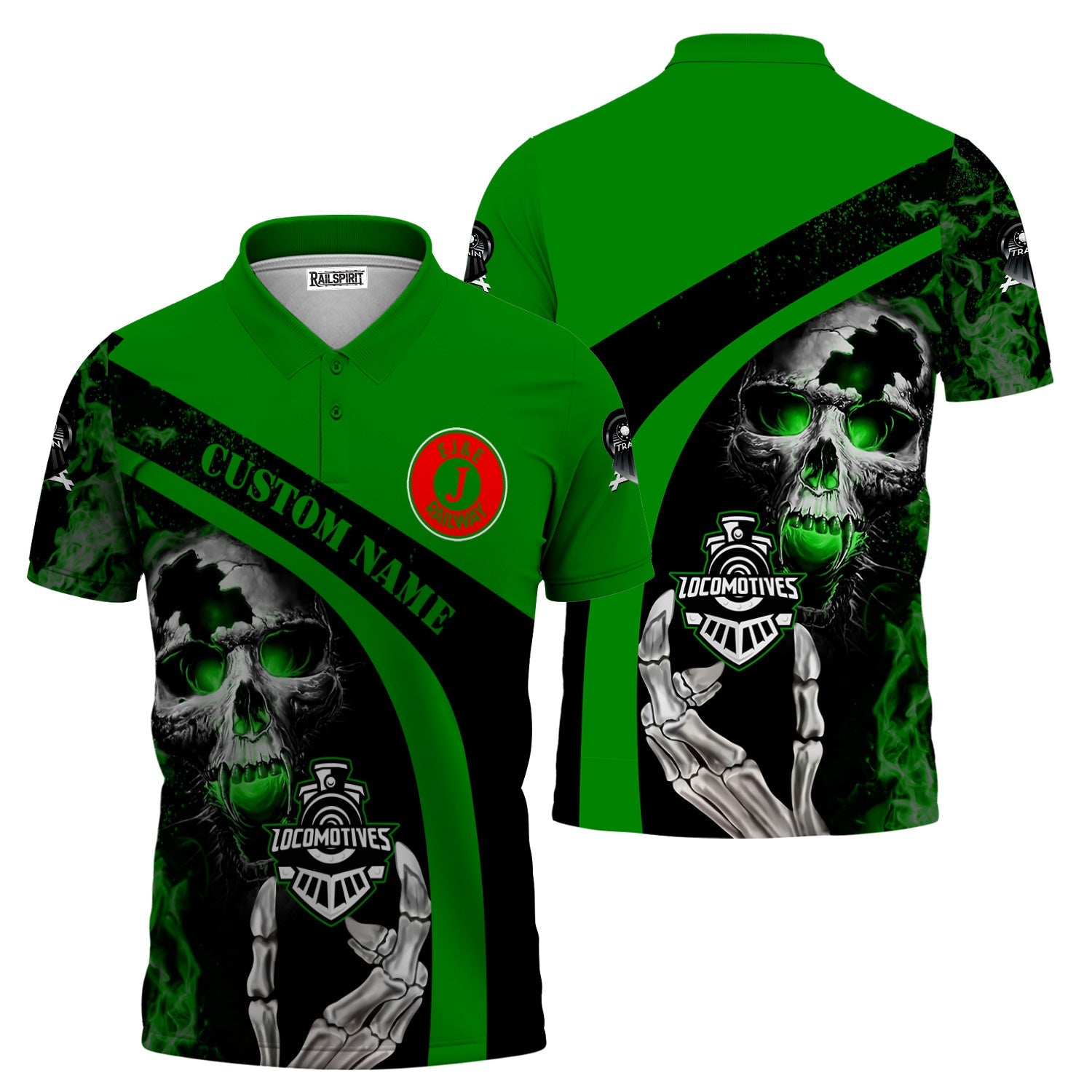 Railspirit Personalized Elgin Joliet And Eastern Railroad Polo Shirt Flame Skull Design Train Shirt for Locomotive Fans