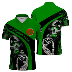 Railspirit Personalized Elgin Joliet And Eastern Railroad Polo Shirt Flame Skull Design Train Shirt for Locomotive Fans