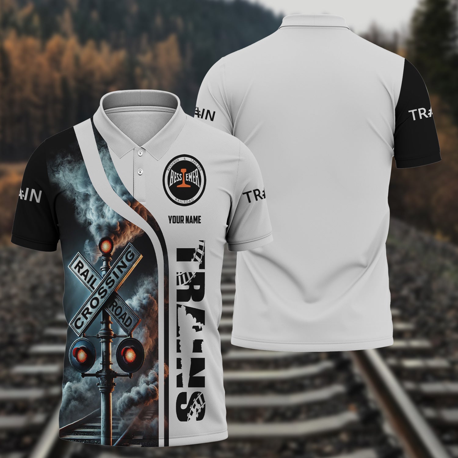 Railspirit Personalized Bessemer And Lake Erie Railroad Polo Shirt Crossing Railroad Sign American Locomotive Train Shirt All Over Print