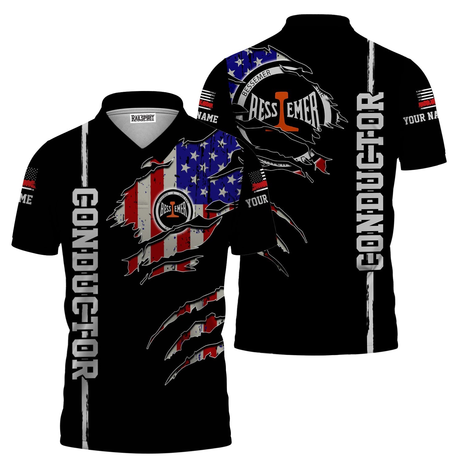 Railspirit Personalized Bessemer And Lake Erie Railroad Polo Shirt USA Flag Claw Art with Custom Job Train Shirt