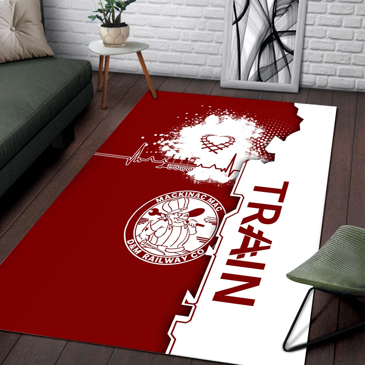 Railspirit Detroit & Mackinac Railroad Area Rug Engine Heartbeat and Track Love Style Rug Gift Idea For Train Lovers