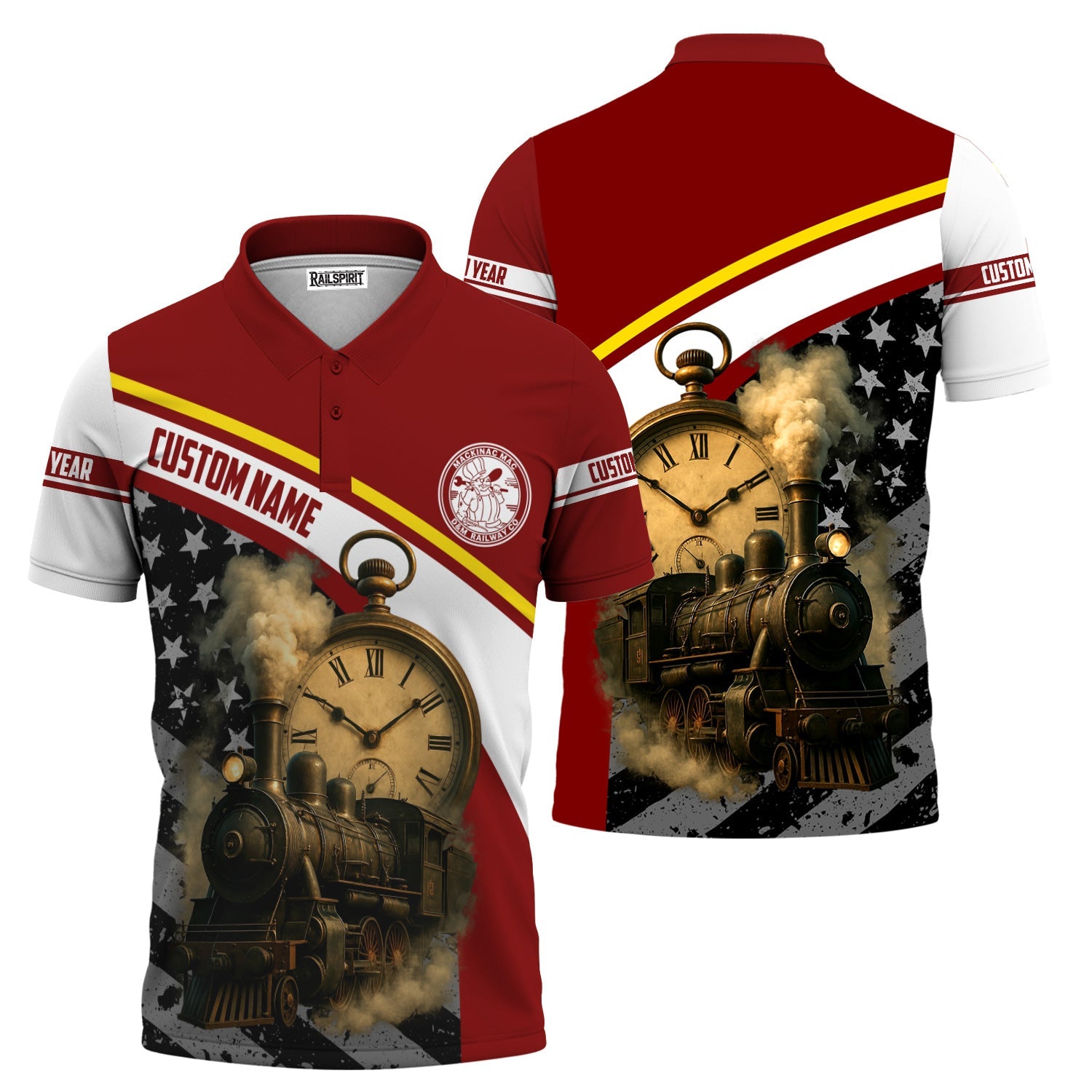 Railspirit Personalized Detroit & Mackinac Railroad Polo Shirt Classic Steam Engine With Retro Pocket Watch Shirt All Over Print
