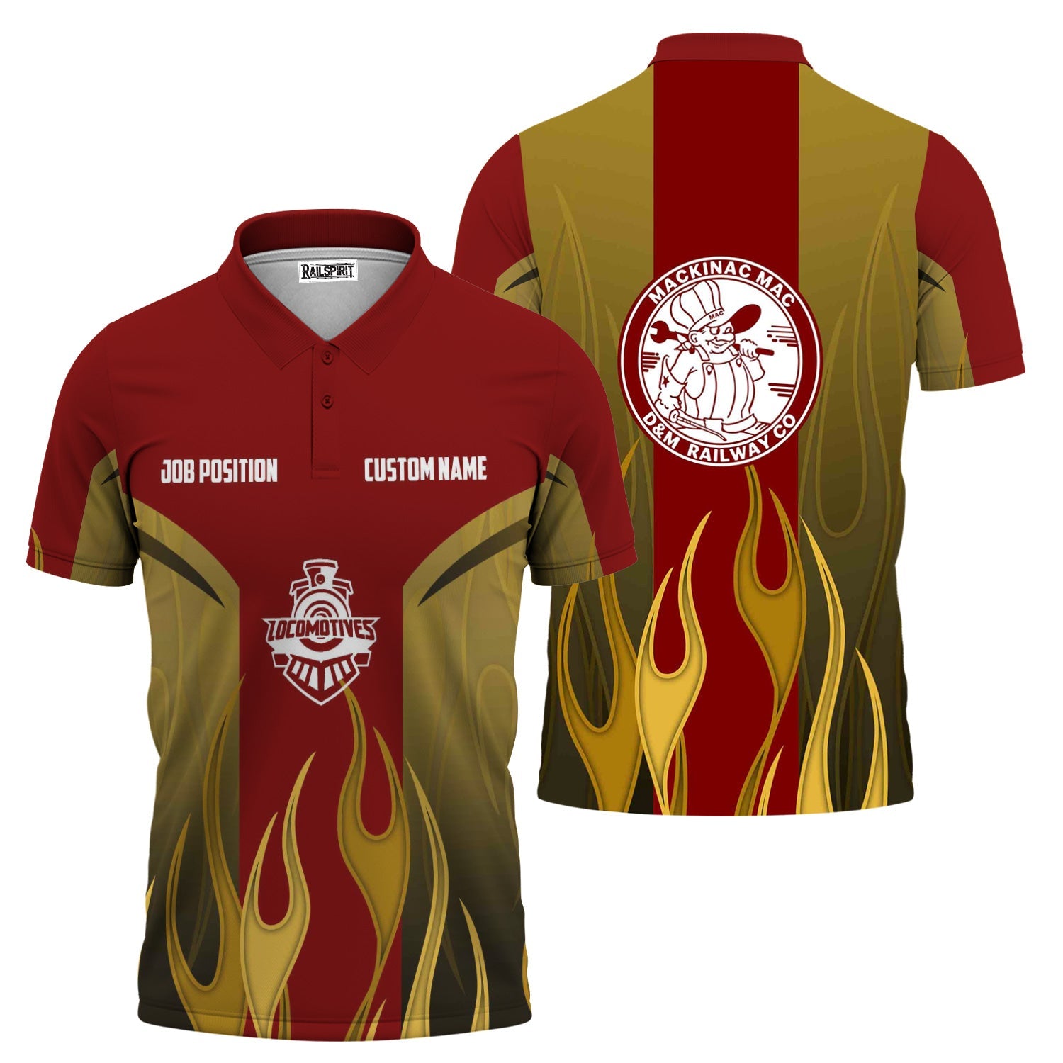 Railspirit Custom Name and Job Title Detroit & Mackinac Railroad Polo Shirt Flame Graphic Train Shirt
