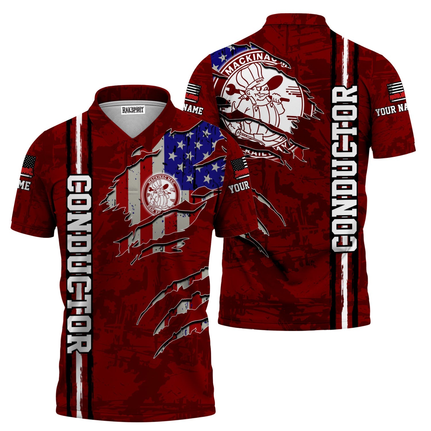 Railspirit Personalized Detroit & Mackinac Railroad Polo Shirt USA Flag Claw Art with Custom Job Train Shirt