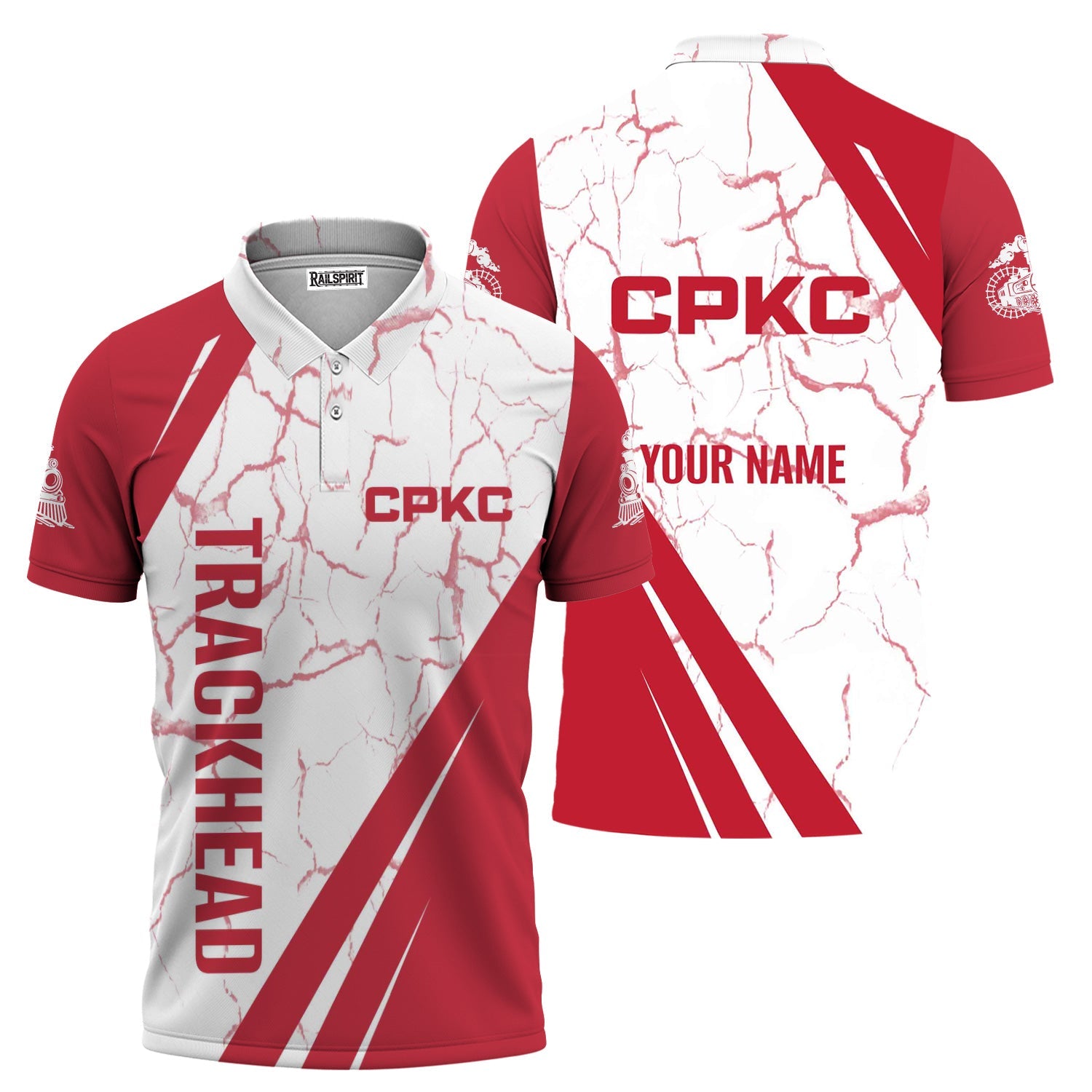 Railspirit Personalized Canadian Pacific Kansas City Polo Shirt Crackle Texture Style CPKC Train Shirt For Trackhead