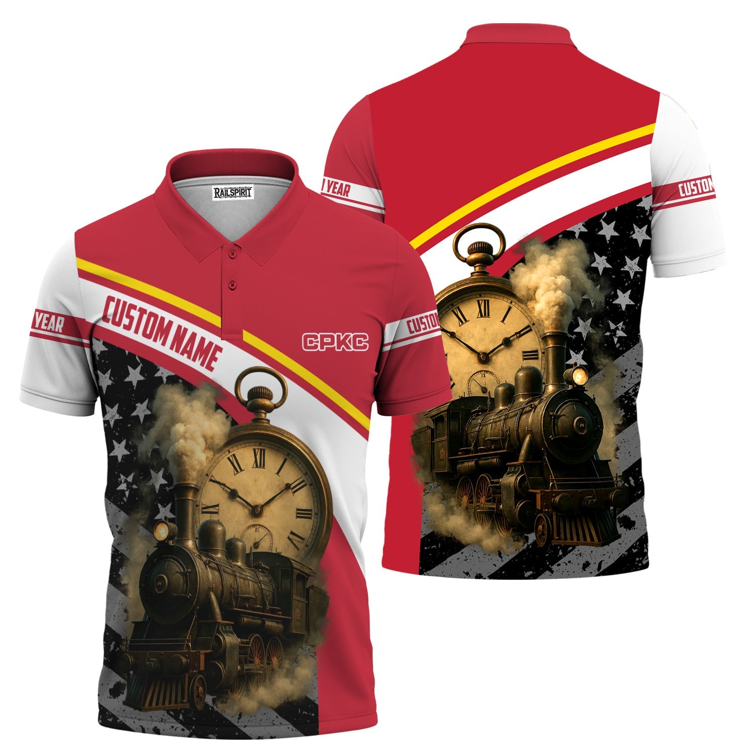 Railspirit Personalized Canadian Pacific Kansas City Polo Shirt Classic Steam Engine With Retro Pocket Watch CPKC Shirt All Over Print