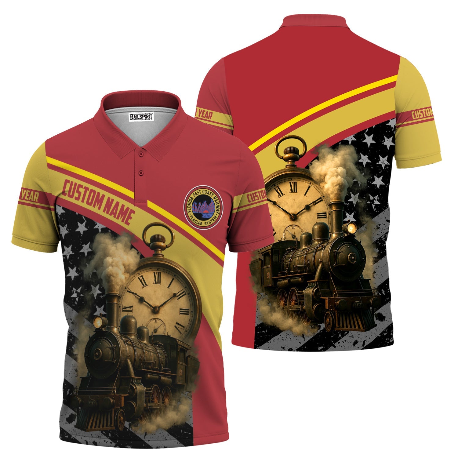 Railspirit Personalized Florida East Coast Railway Polo Shirt Classic Steam Engine With Retro Pocket Watch Shirt All Over Print