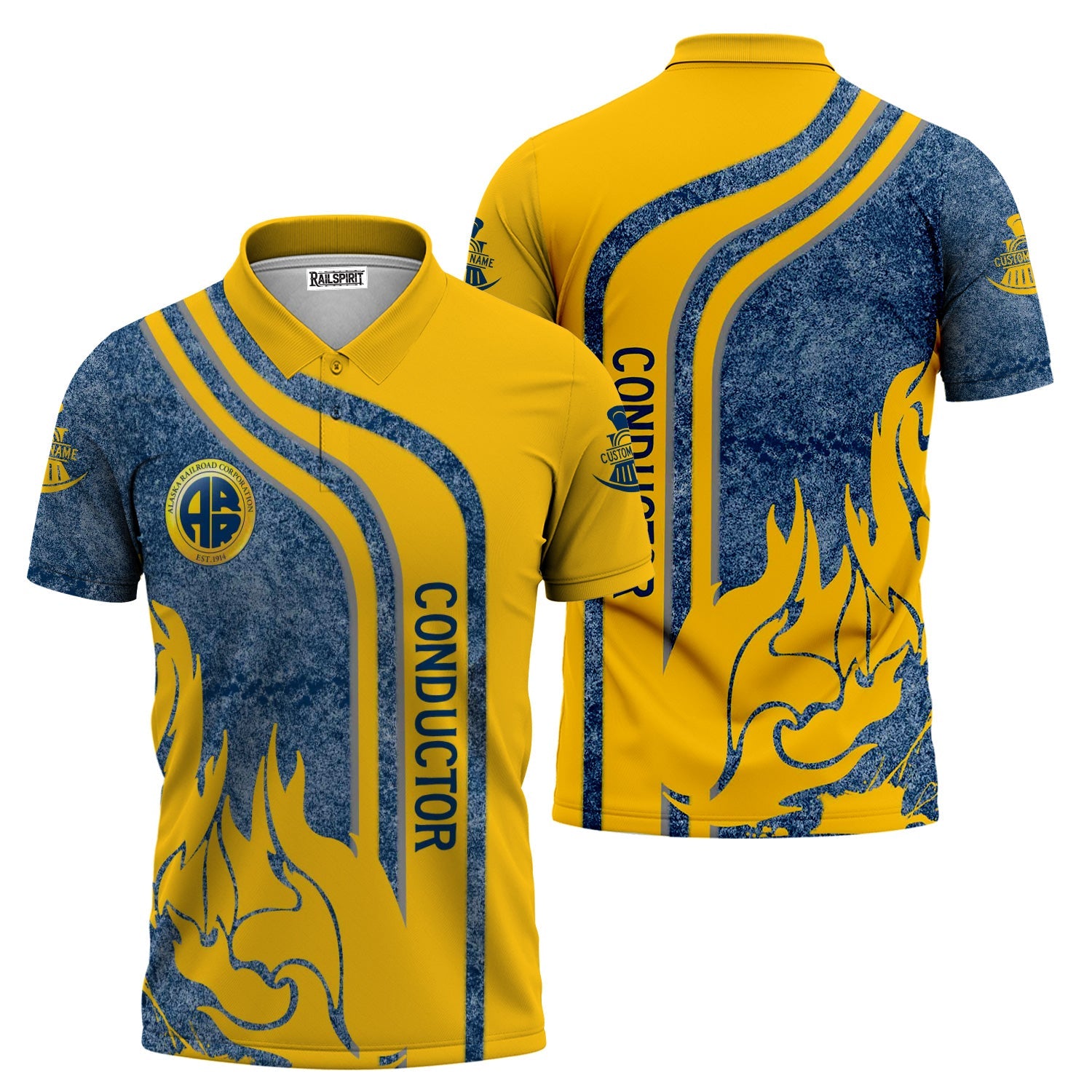 Railspirit Personalized Alaska Railroad Polo Shirt Flame Design with Custom Job Position Train Shirt