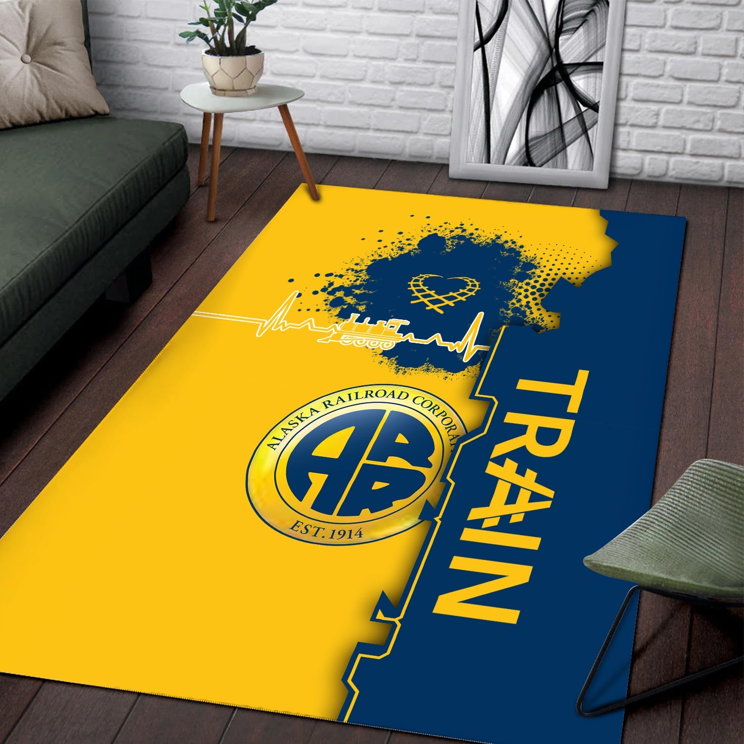 Railspirit Alaska Railroad Area Rug Engine Heartbeat and Track Love Style Rug Gift Idea For Train Lovers