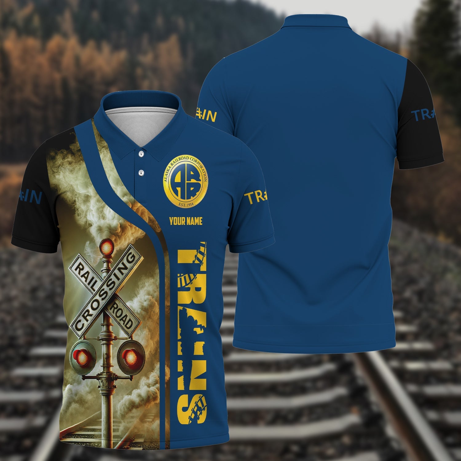 Railspirit Personalized Alaska Railroad Polo Shirt Crossing Railroad Sign American Locomotive Train Shirt All Over Print