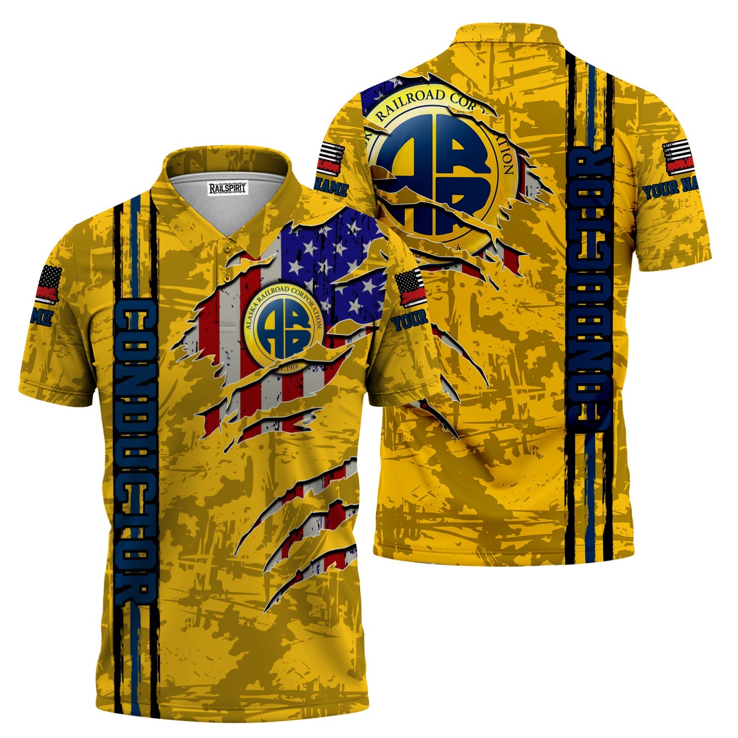 Railspirit Personalized Alaska Railroad Polo Shirt USA Flag Claw Art with Custom Job Train Shirt