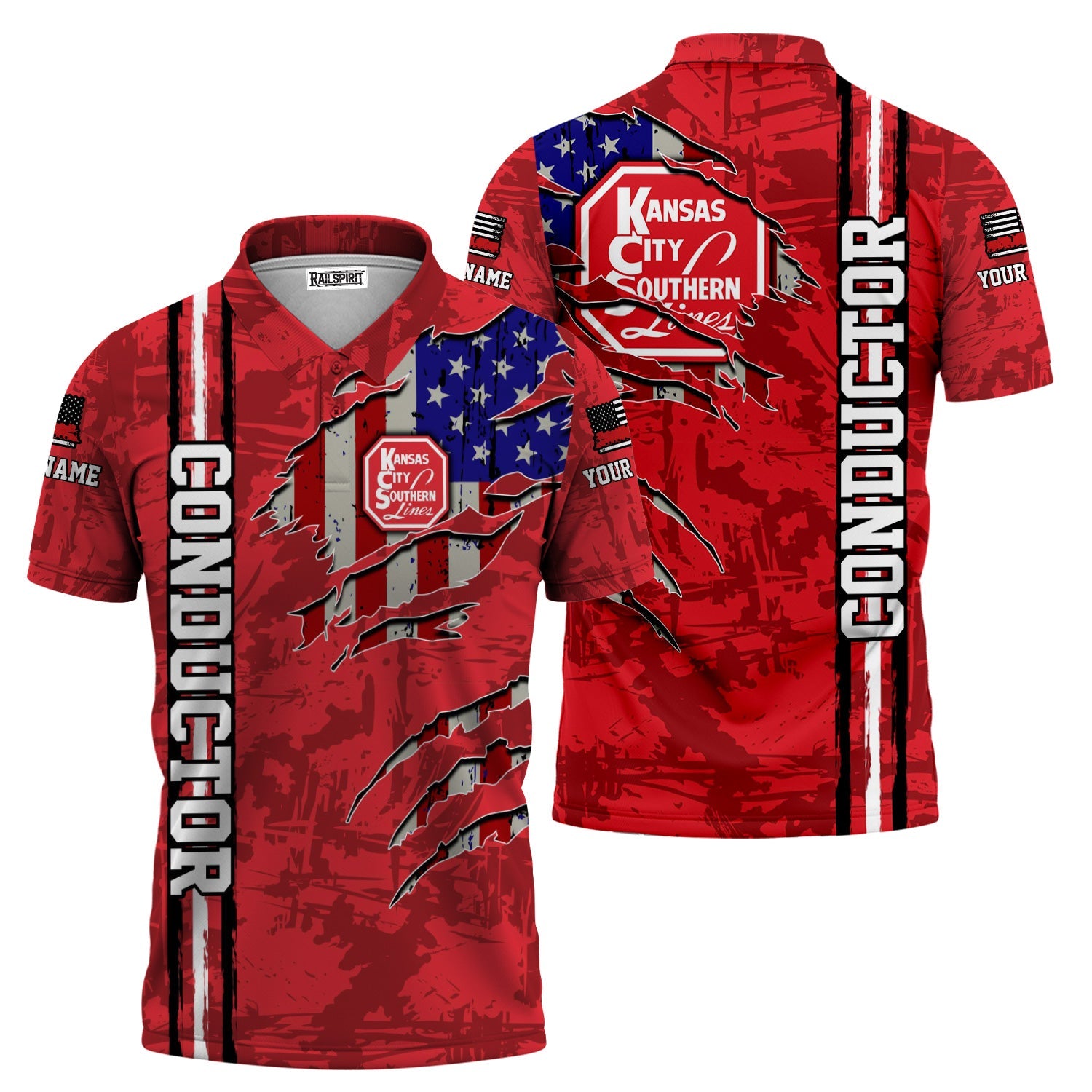 Railspirit Personalized Kansas City Southern Polo Shirt USA Flag Claw Art with Custom Job Train Shirt