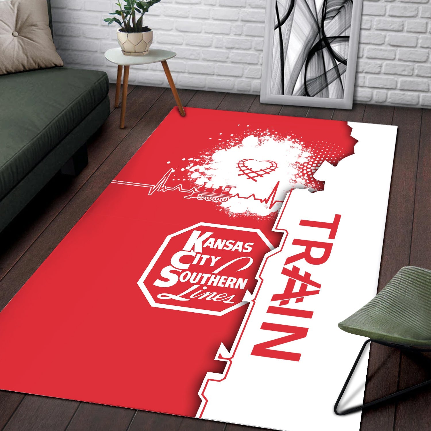 Railspirit Kansas City Southern Area Rug Engine Heartbeat and Track Love Style Rug Gift Idea For Train Lovers