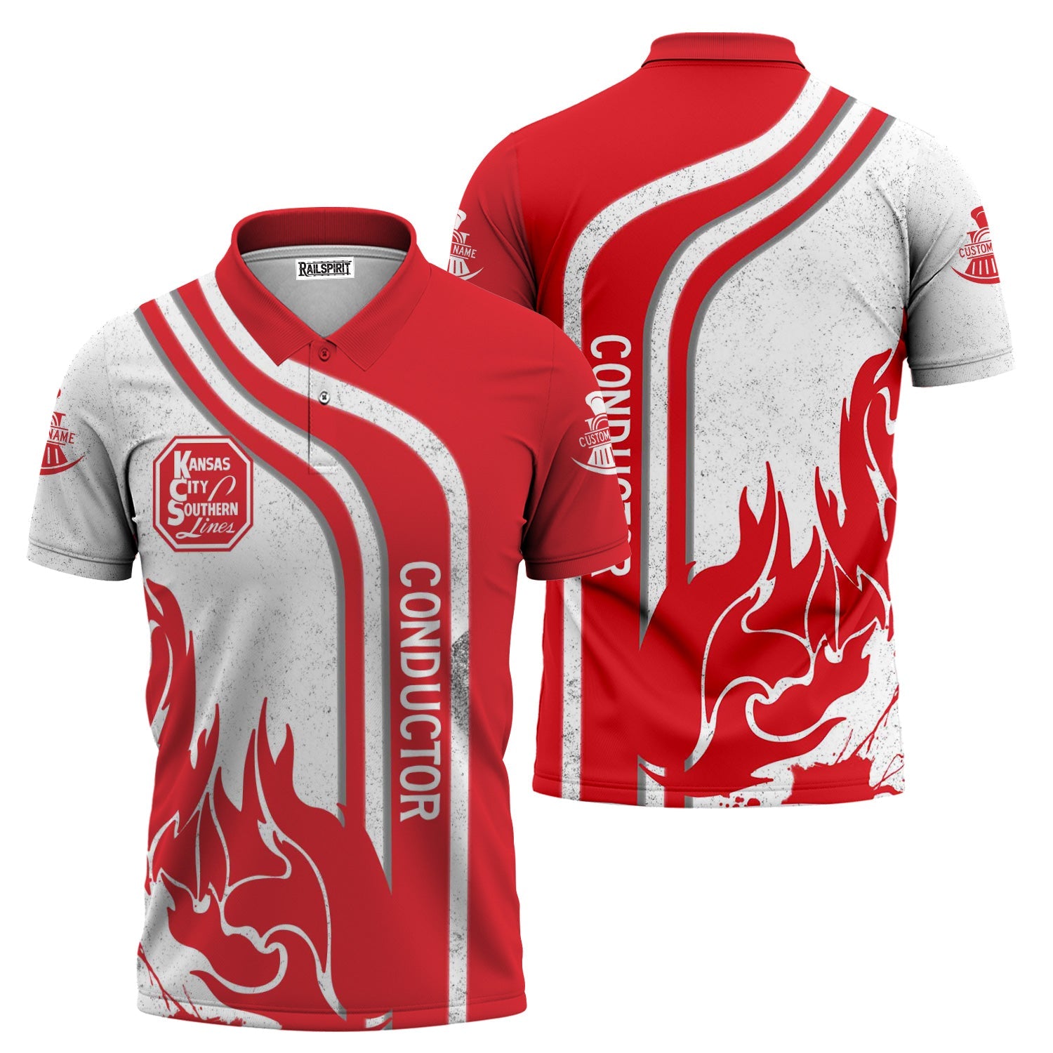 Railspirit Personalized Kansas City Southern Polo Shirt Flame Design with Custom Job Position Train Shirt