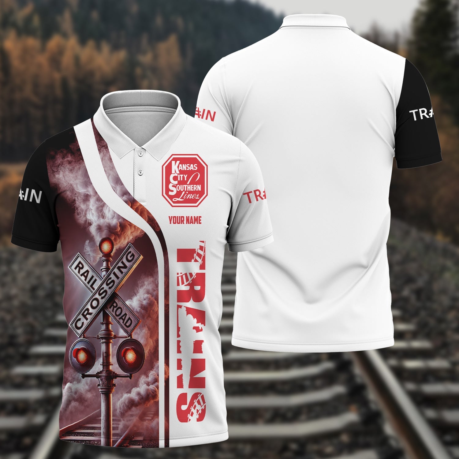 Railspirit Personalized Kansas City Southern Polo Shirt Crossing Railroad Sign American Locomotive Train Shirt All Over Print