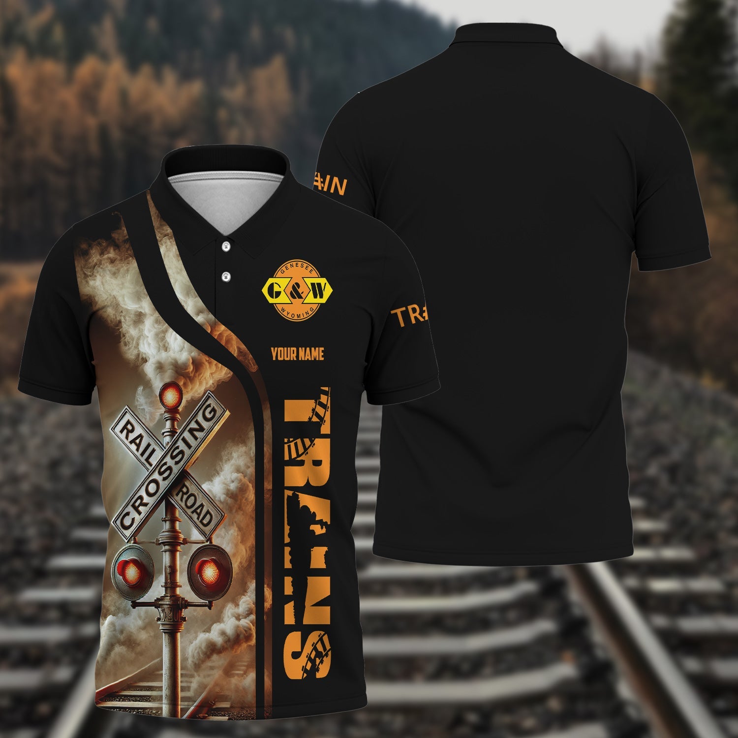 Railspirit Personalized Genesee & Wyoming Inc. Railroad Polo Shirt Crossing Railroad Sign American Locomotive Train Shirt All Over Print