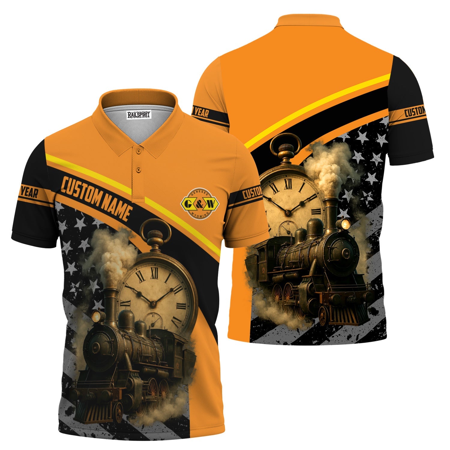 Railspirit Personalized Genesee & Wyoming Inc. Railroad Polo Shirt Classic Steam Engine With Retro Pocket Watch Shirt All Over Print