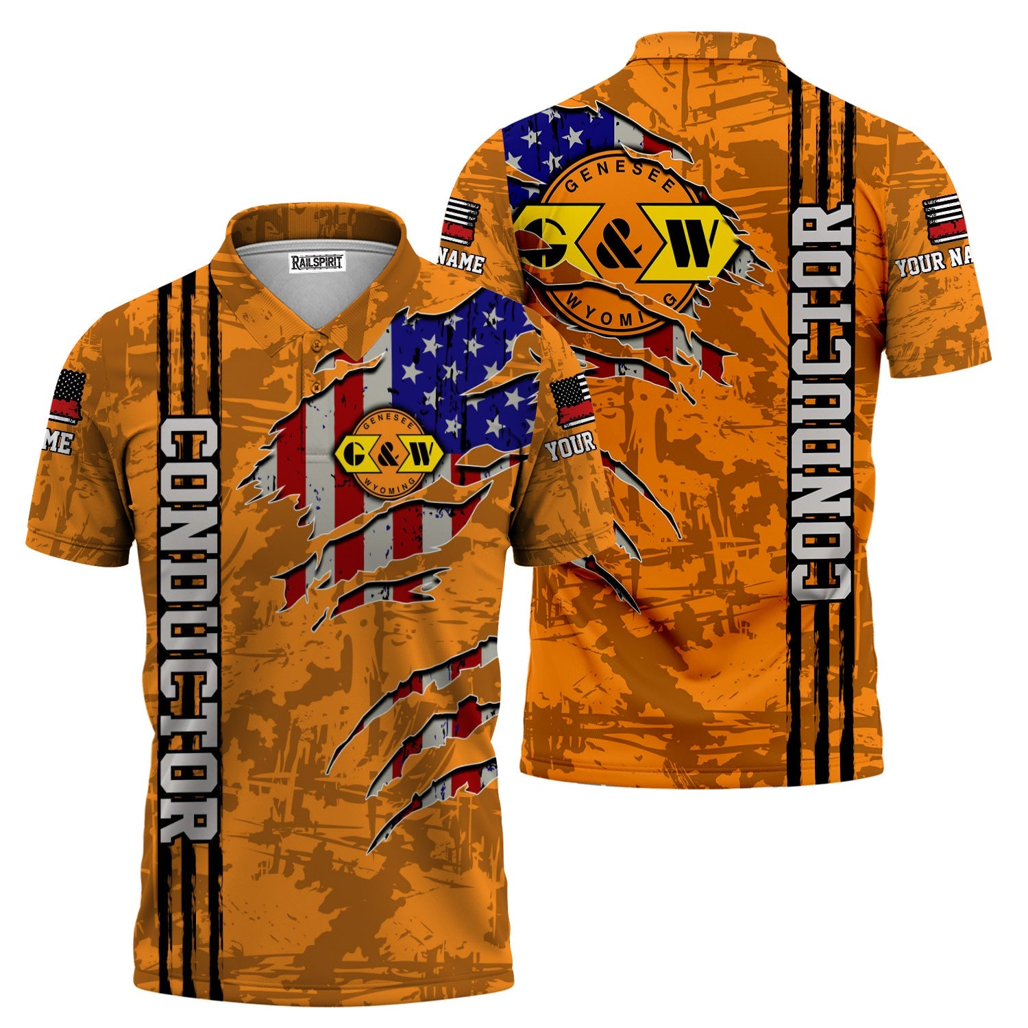 Railspirit Personalized Genesee & Wyoming Inc. Railroad Polo Shirt USA Flag Claw Art with Custom Job Train Shirt