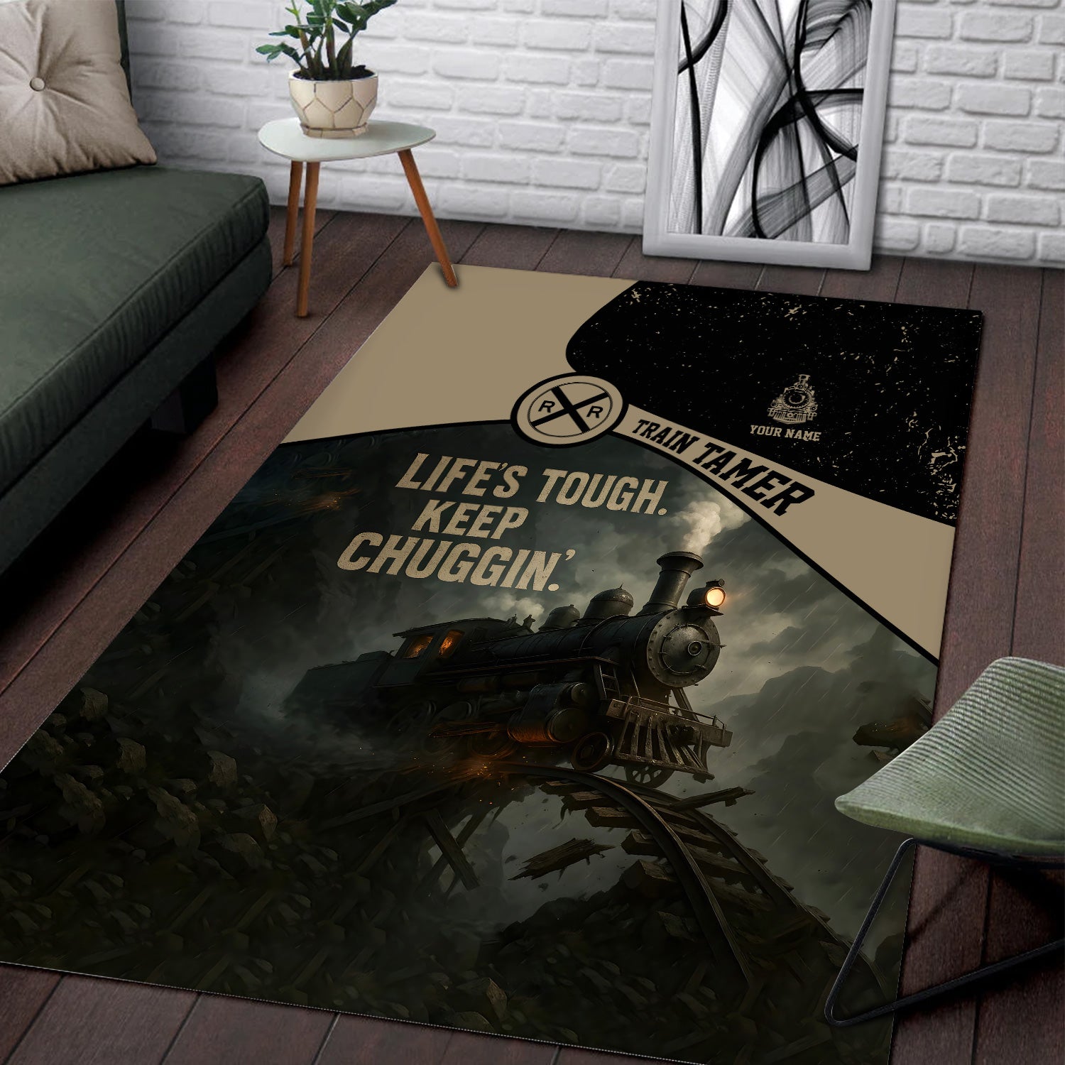 Railspirit Personalized Area Rug Life's Tough Keep Chuggin' Vintage Train Rug for Train Tamer