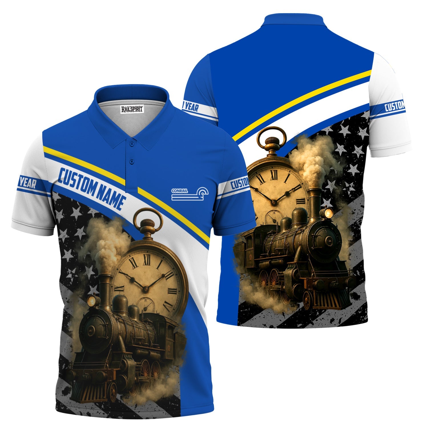 Railspirit Personalized Conrail Railroad Polo Shirt Classic Steam Engine With Retro Pocket Watch Shirt All Over Print