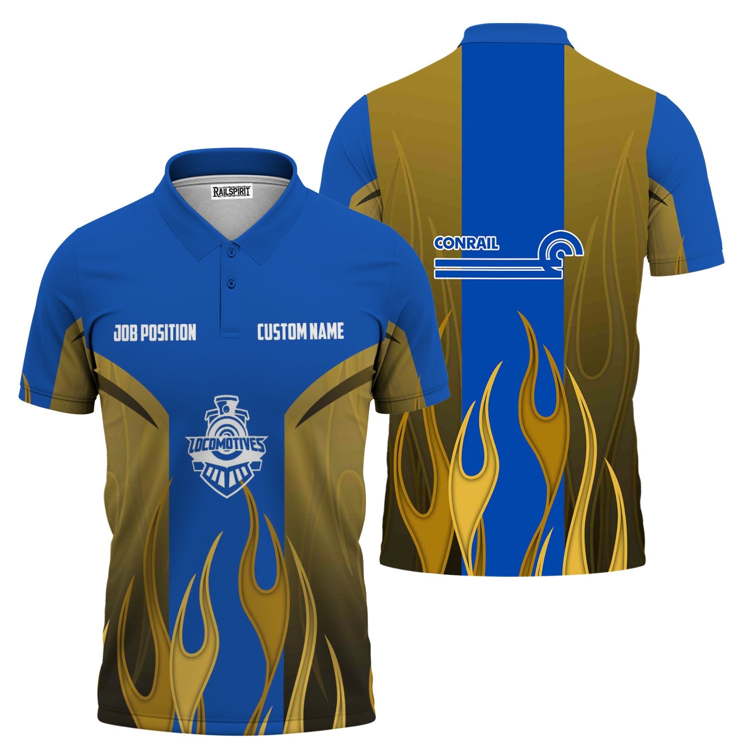Railspirit Custom Name and Job Title Conrail Railroad Polo Shirt Flame Graphic Train Shirt