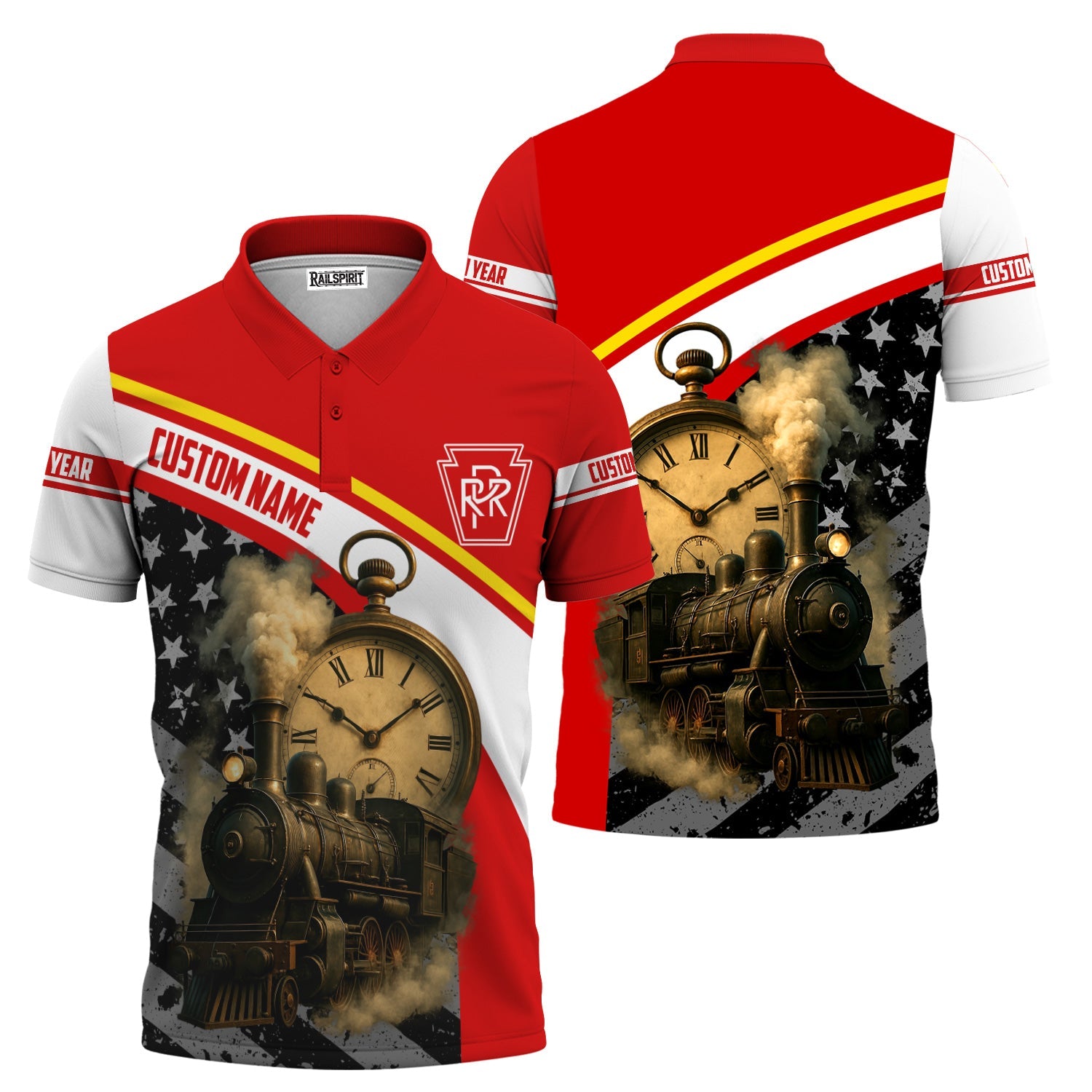 Railspirit Personalized Pennsylvania Railroad Polo Shirt Classic Steam Engine With Retro Pocket Watch Shirt All Over Print