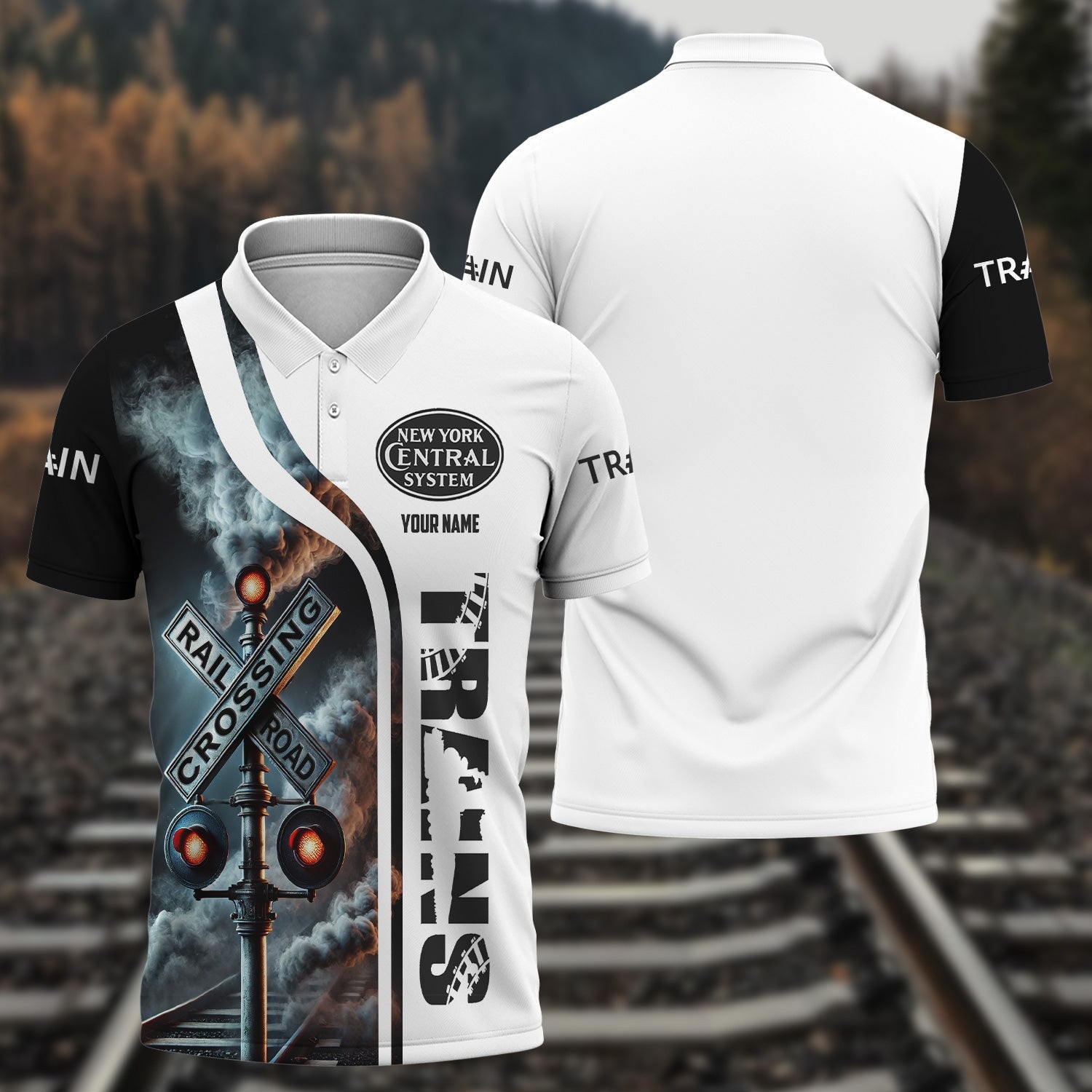 Railspirit Personalized New York Central Railroad Polo Shirt Crossing Railroad Sign American Locomotive Train Shirt All Over Print