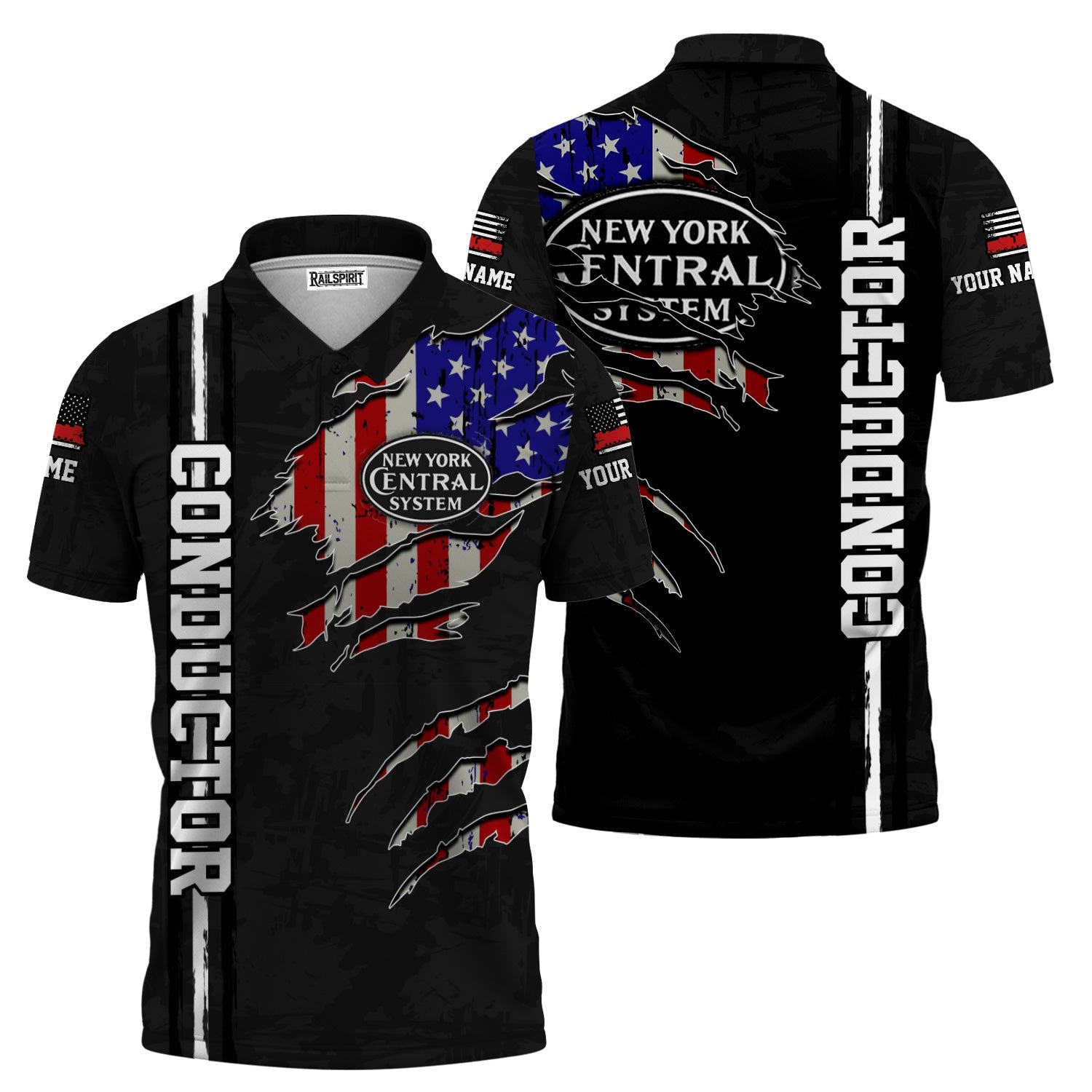 Railspirit Personalized New York Central Railroad Polo Shirt USA Flag Claw Art with Custom Job Train Shirt