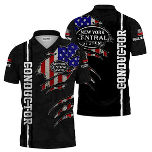 Railspirit Personalized New York Central Railroad Polo Shirt USA Flag Claw Art with Custom Job Train Shirt