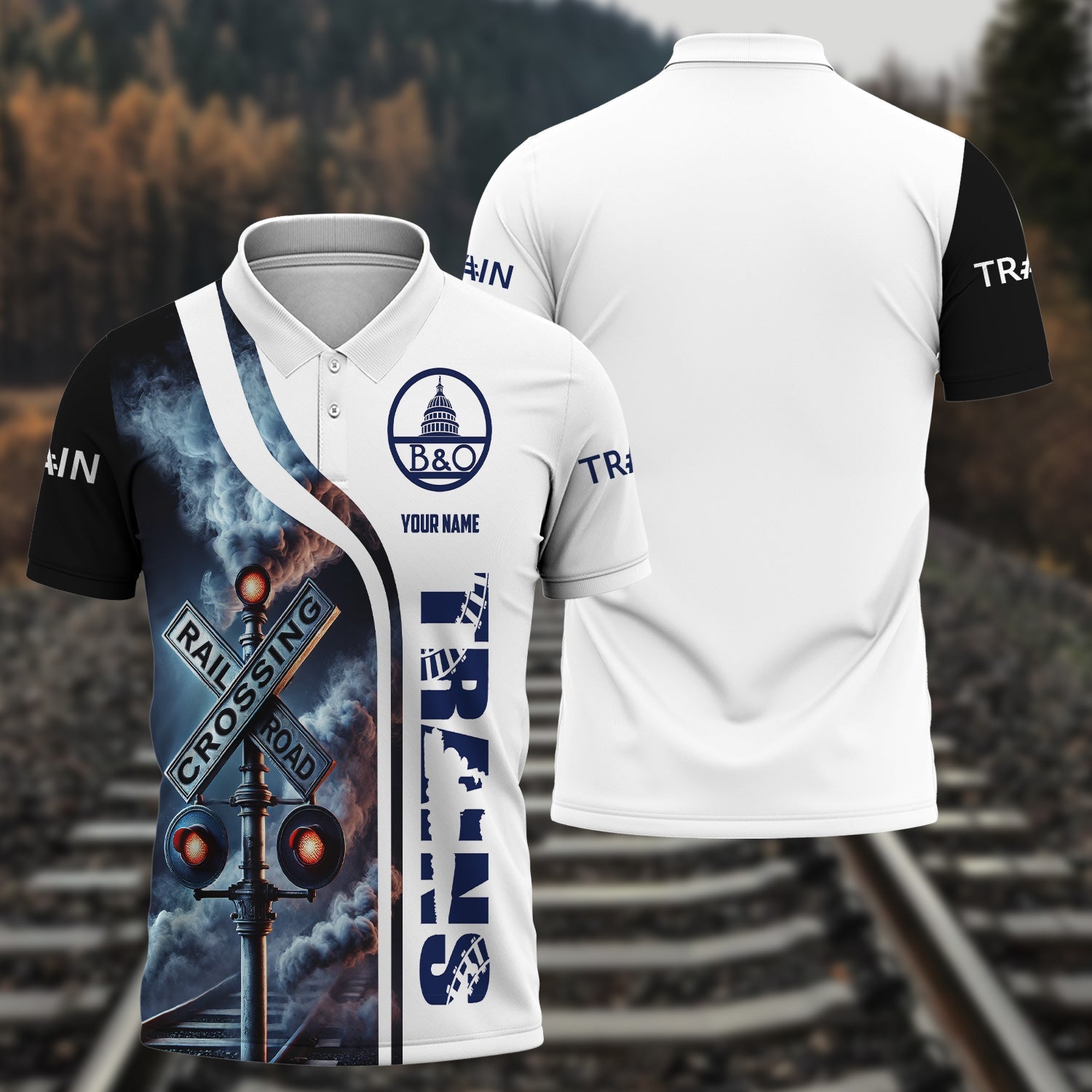 Railspirit Personalized Baltimore and Ohio Railroad Polo Shirt Crossing Railroad Sign American Locomotive Train Shirt All Over Print