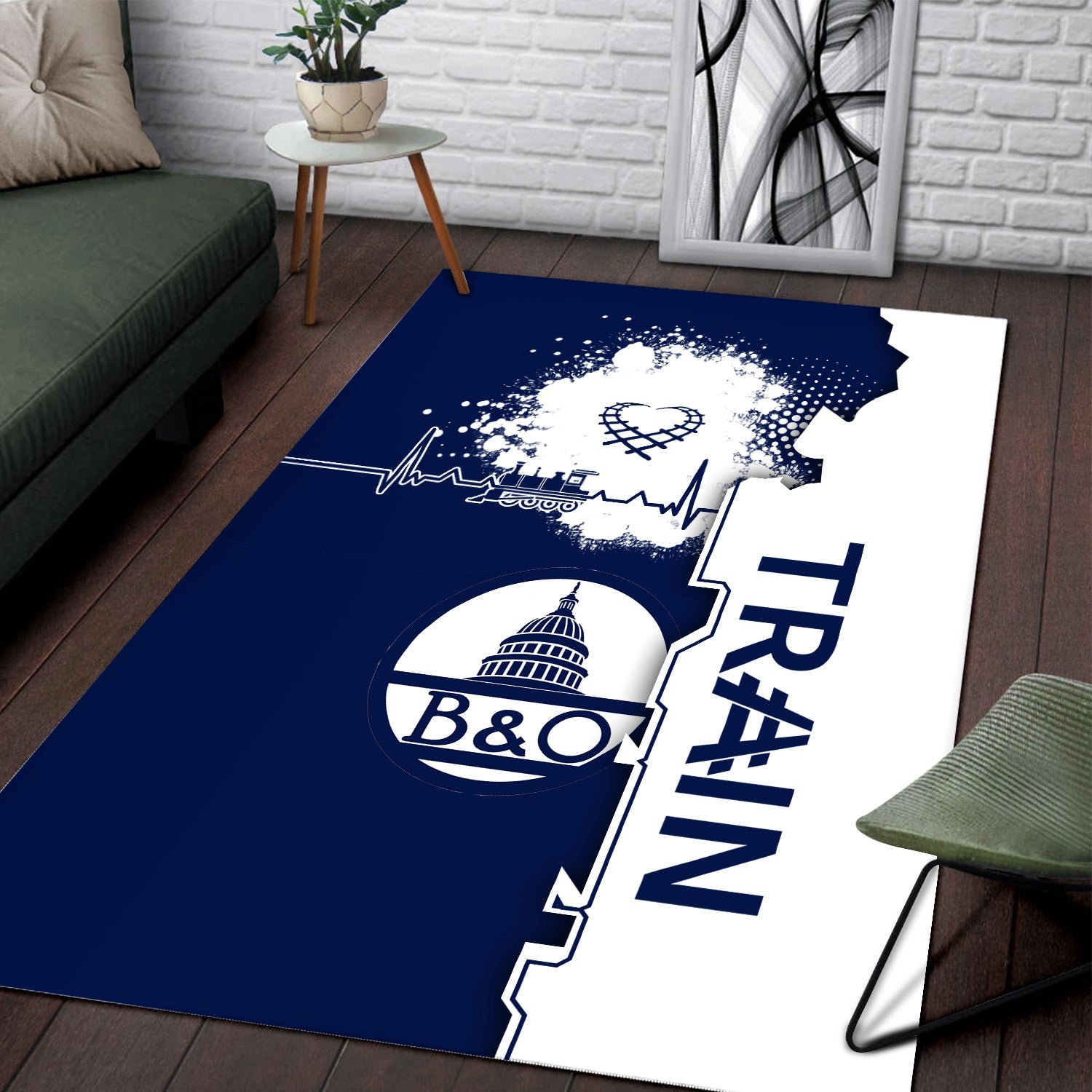 Railspirit Baltimore and Ohio Railroad Area Rug Engine Heartbeat and Track Love Style B&O Rug Gift Idea For Train Lovers