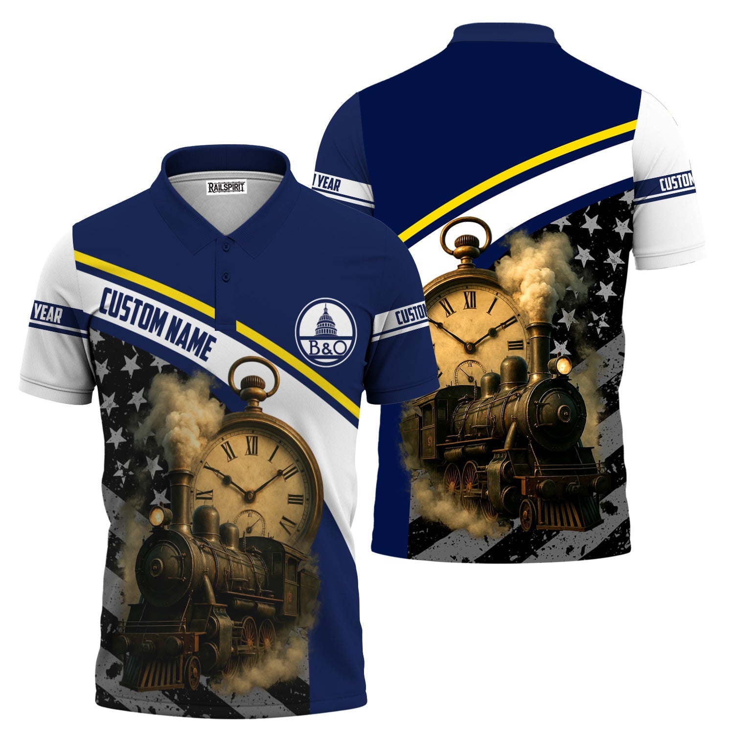 Railspirit Personalized Baltimore and Ohio Railroad Polo Shirt Classic Steam Engine With Retro Pocket Watch B&O Shirt All Over Print