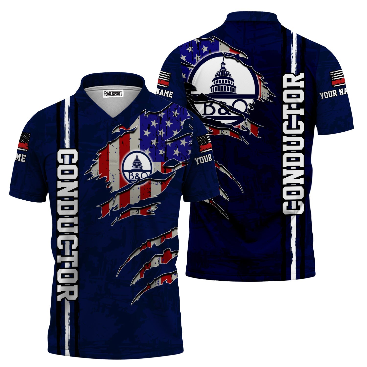 Railspirit Personalized Baltimore and Ohio Railroad Polo Shirt USA Flag Claw Art with Custom Job B&O Train Shirt