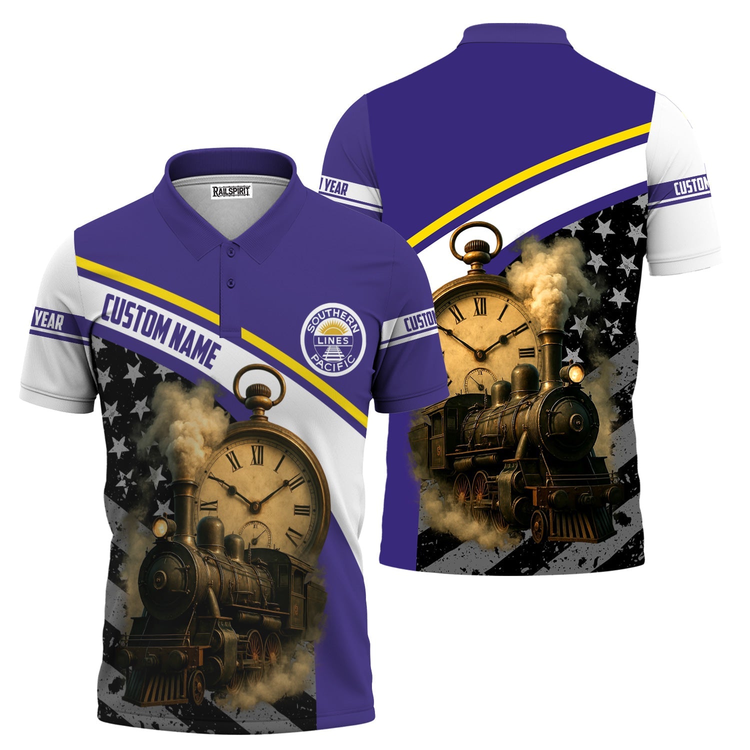 Railspirit Personalized Southern Pacific Railroad Polo Shirt Classic Steam Engine With Retro Pocket Watch Shirt All Over Print