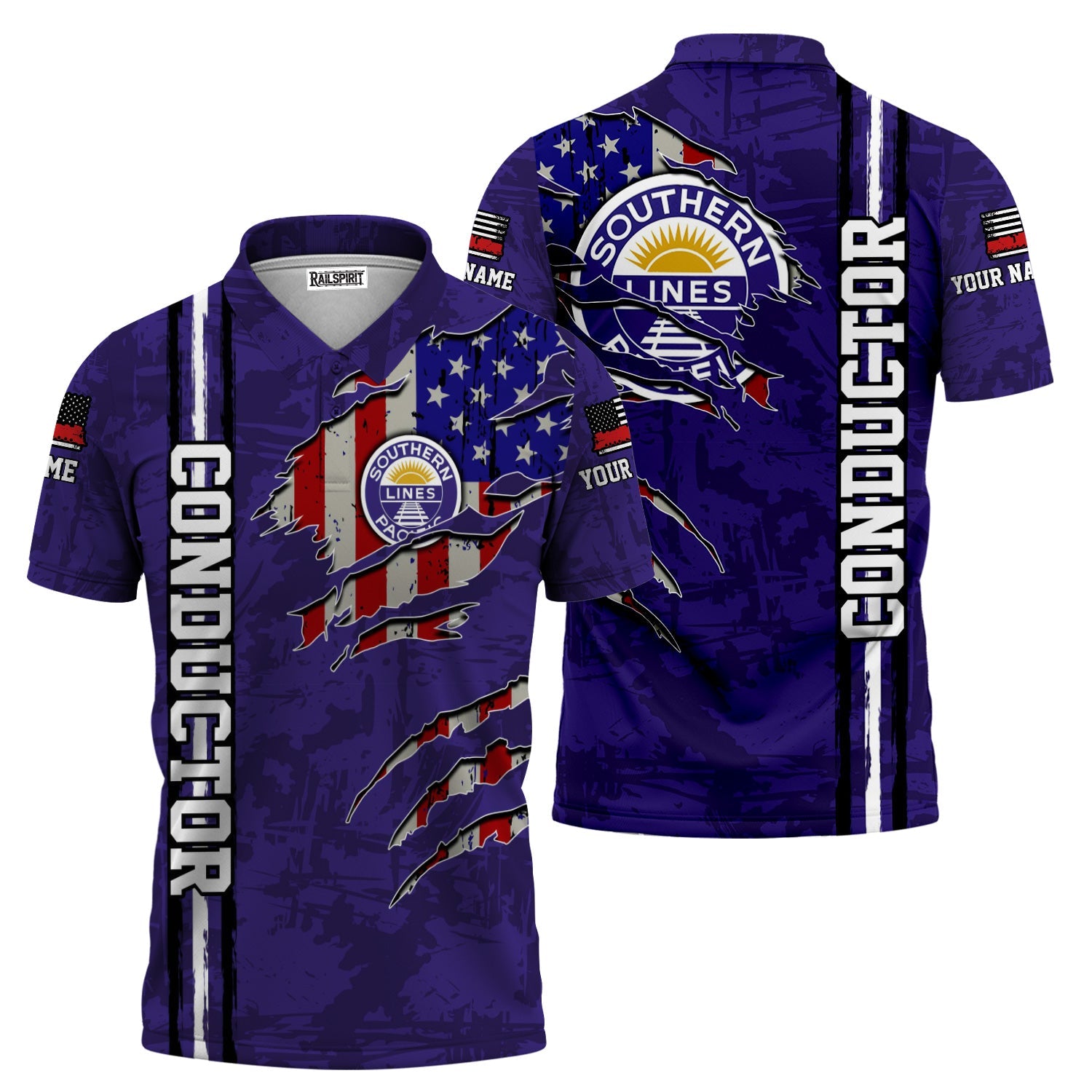 Railspirit Personalized Southern Pacific Railroad Polo Shirt USA Flag Claw Art with Custom Job Train Shirt