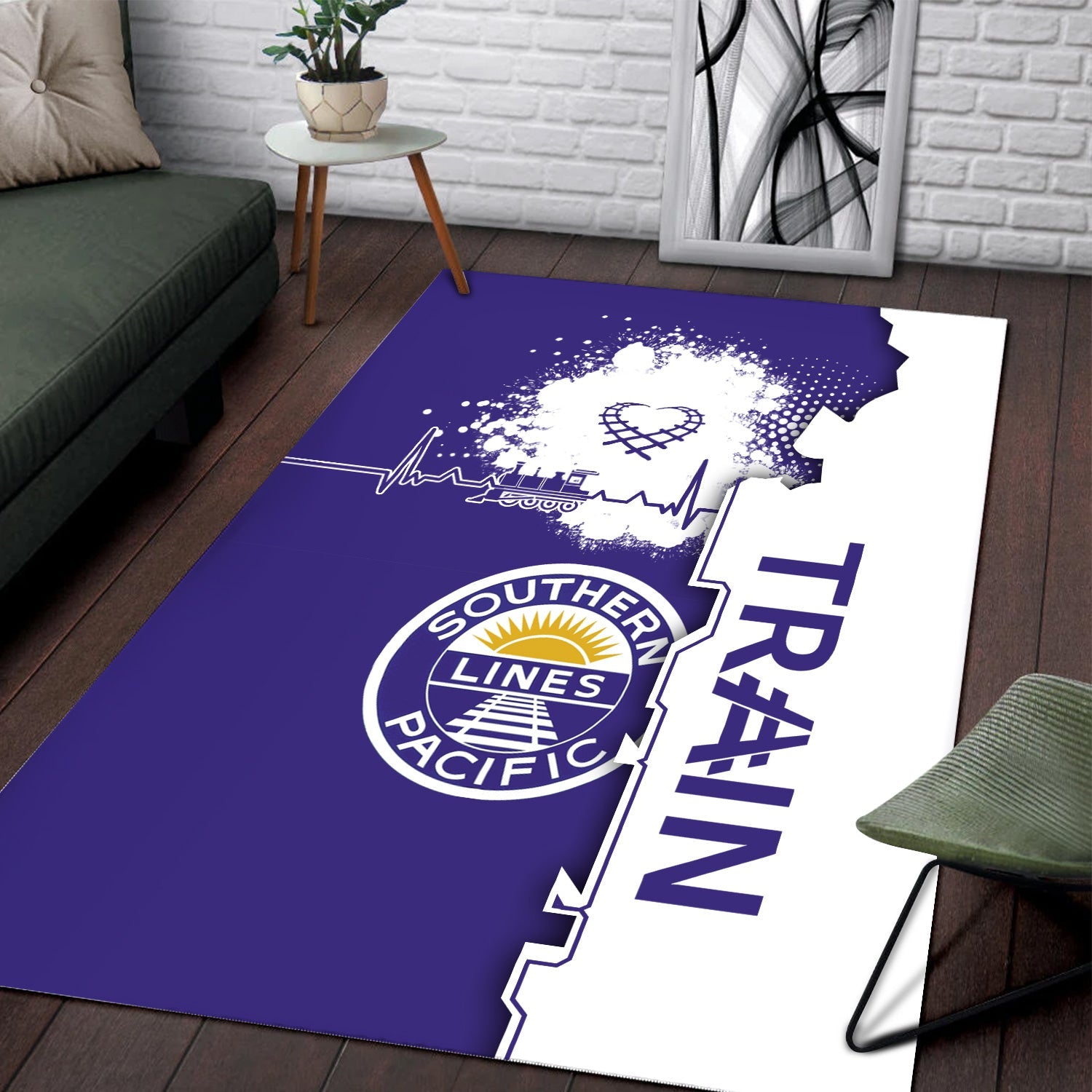 Railspirit Southern Pacific Railroad Area Rug Engine Heartbeat and Track Love Style Rug Gift Idea For Train Lovers